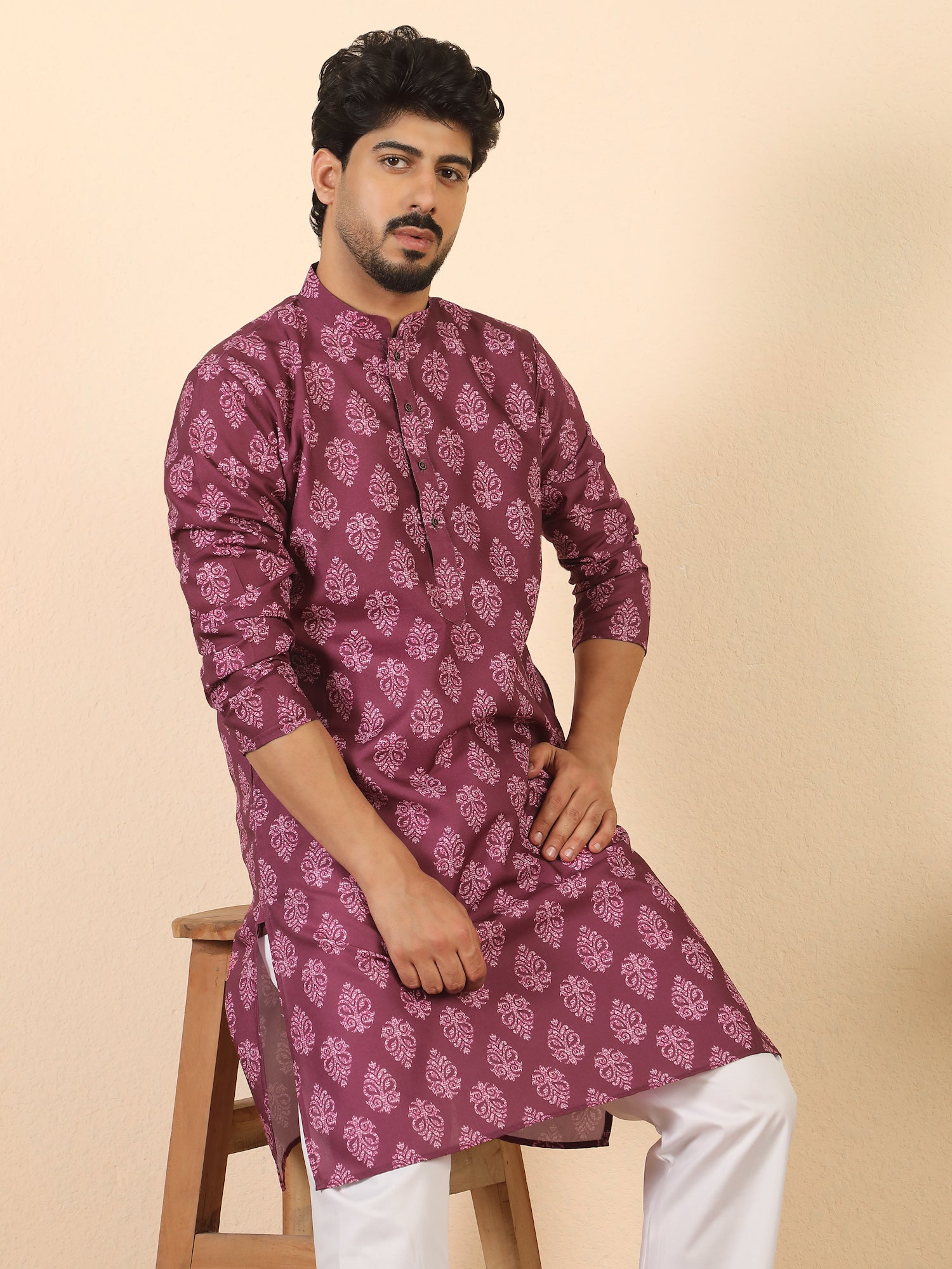 Men's Pure Cotton Jaipuri Print Blue Long Kurta with Mandarin Collar