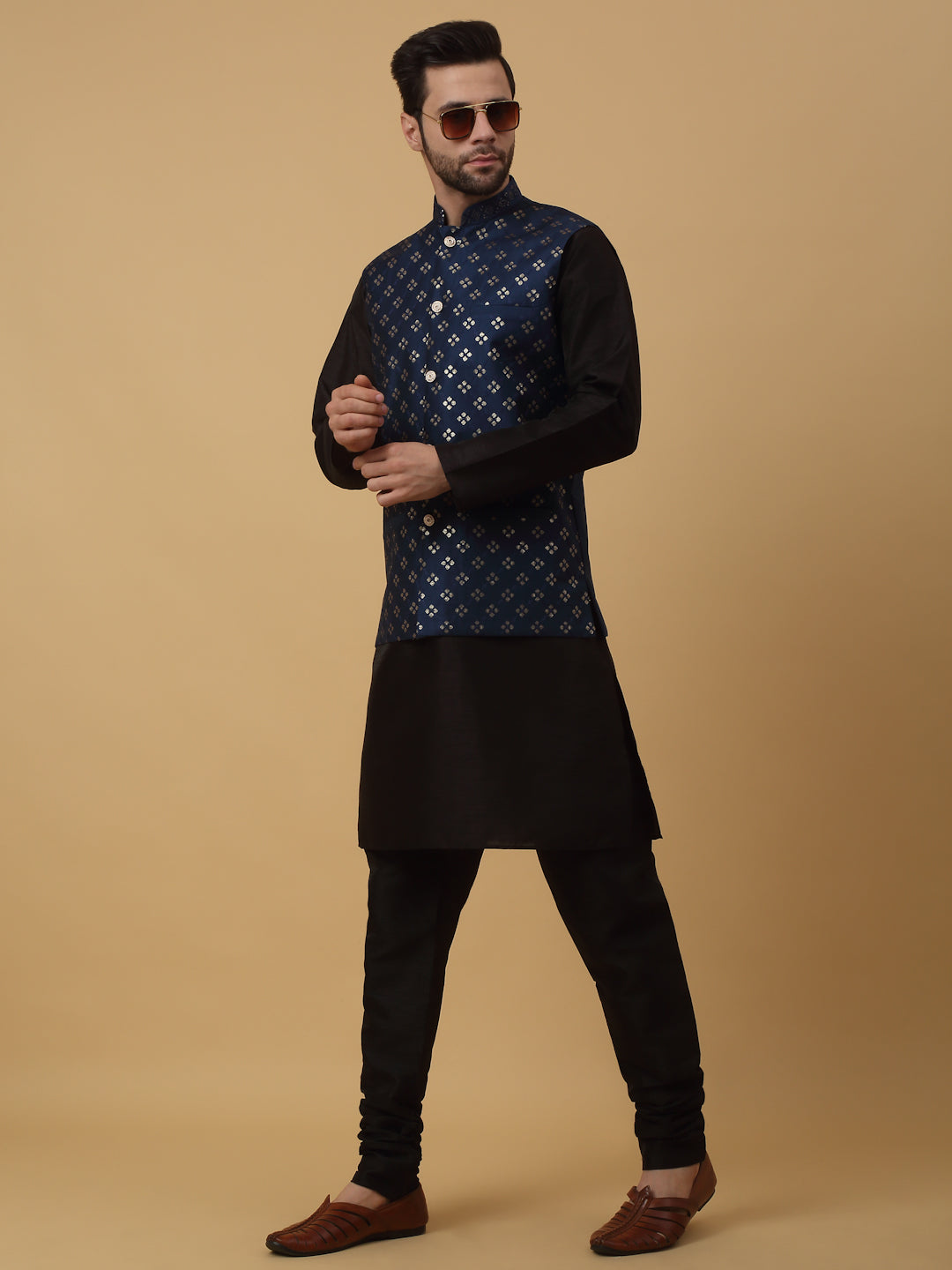 KRAFT INDIA Men's Silk Blend Black Kurta, Churidar with Cotton Silk Embroided Sequenced Nehru Jacket Set