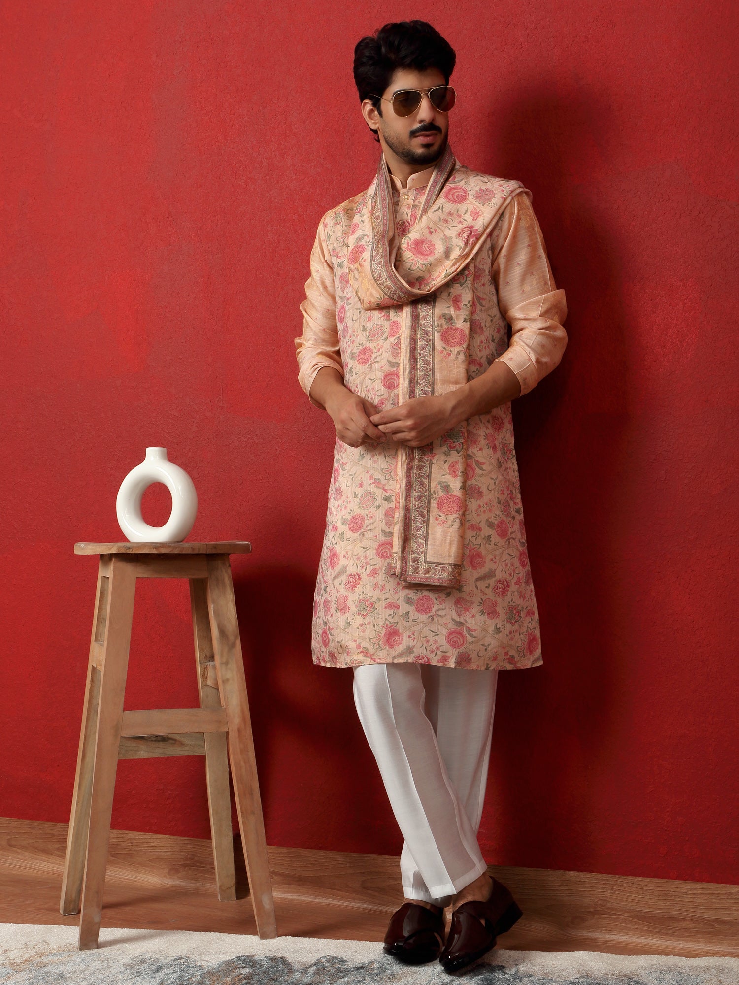 LUXE- Men's Silk Floral Printed Kurta Cream Trouser Pant Set With Matching Duppatta