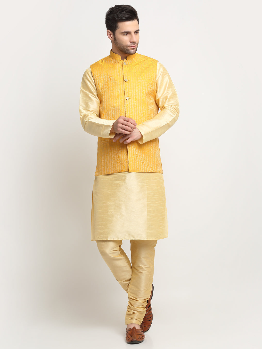 KRAFT INDIA Men's Silk Beige Kurta Churidar with Nehru Jacket Set