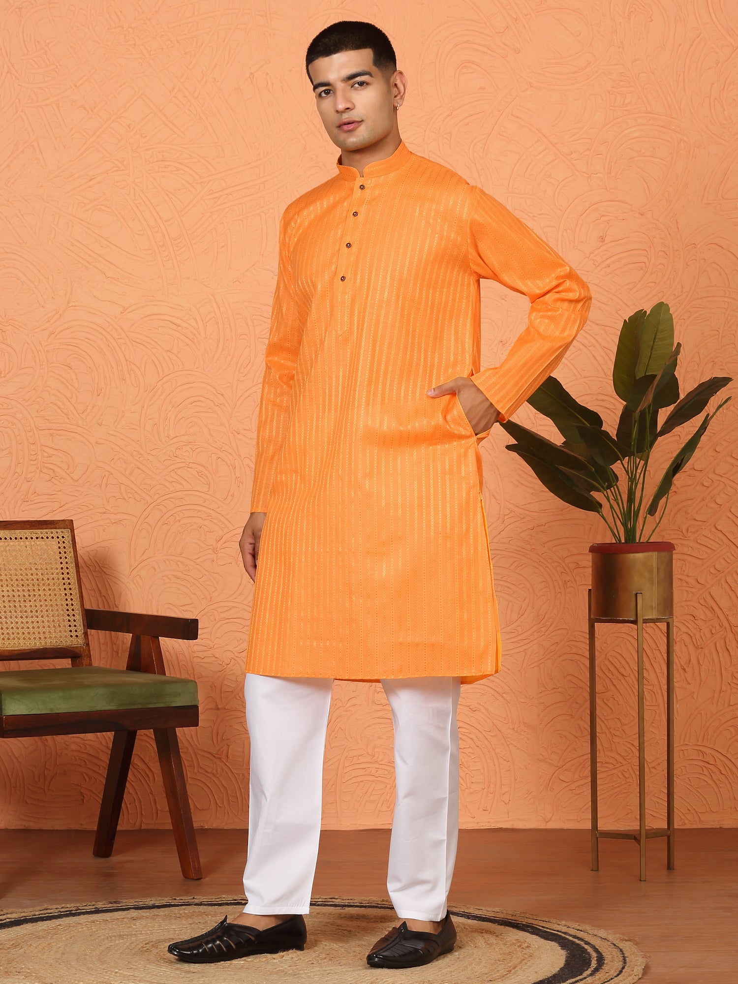 Men Striped Pure Cotton Straight Long Kurta with Elasticated Pyjamas