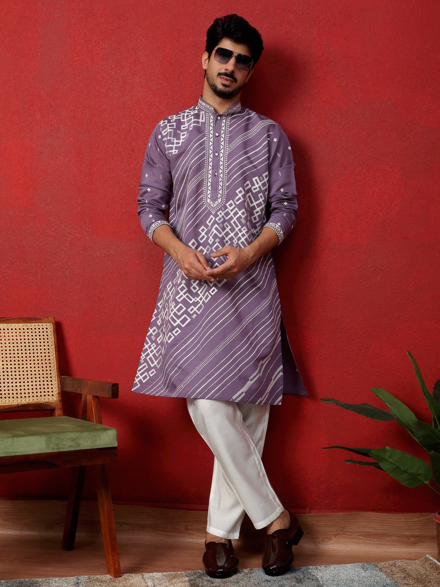 LUXE-Men's Cotton Silk Geometric Sequins Embroidered Kurta Trouser Pant Set