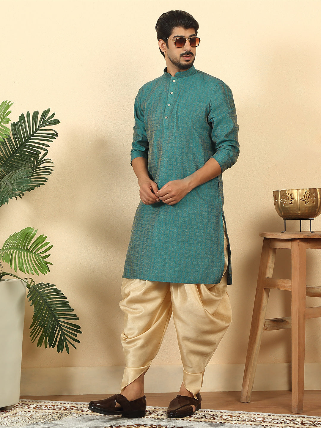 Silk Blend Jacquard Geometric Woven Design Kurta With Beige Elastic Waistband Dhoti Set