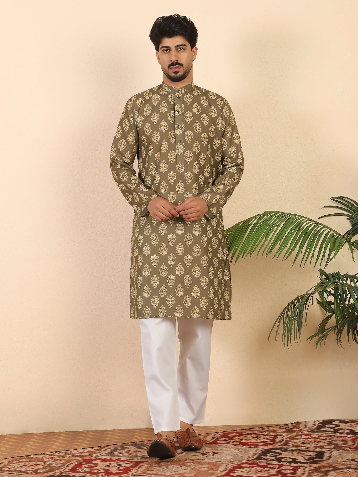 Men's Pure Cotton Jaipuri Print Kurta With Pyjama Set with Mandarin Collar