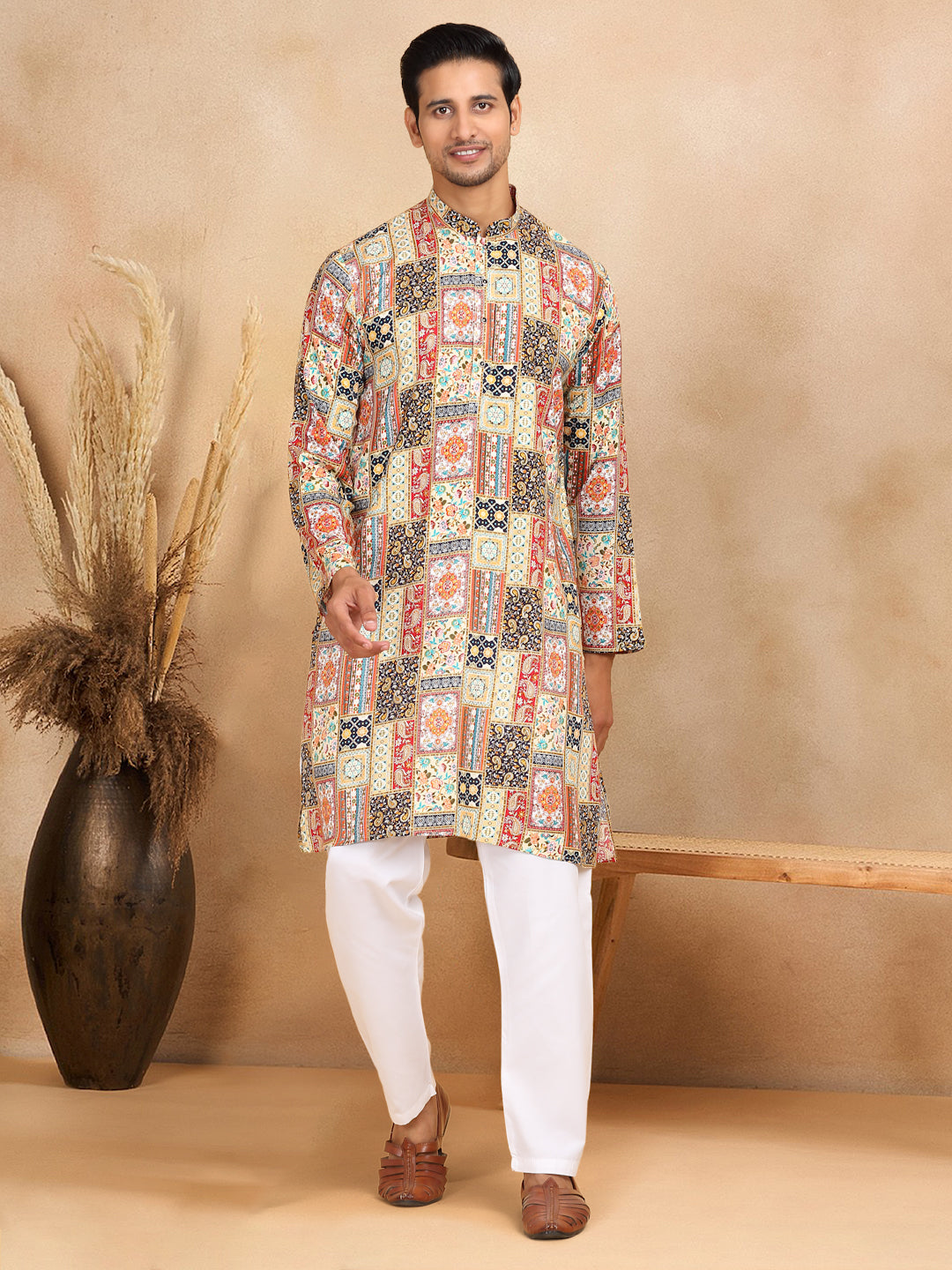 KRAFT INDIA Men's Rayon Ethnic Motif Printed Regular Straight Kurta With Elastic Waistband White Pyjama Set