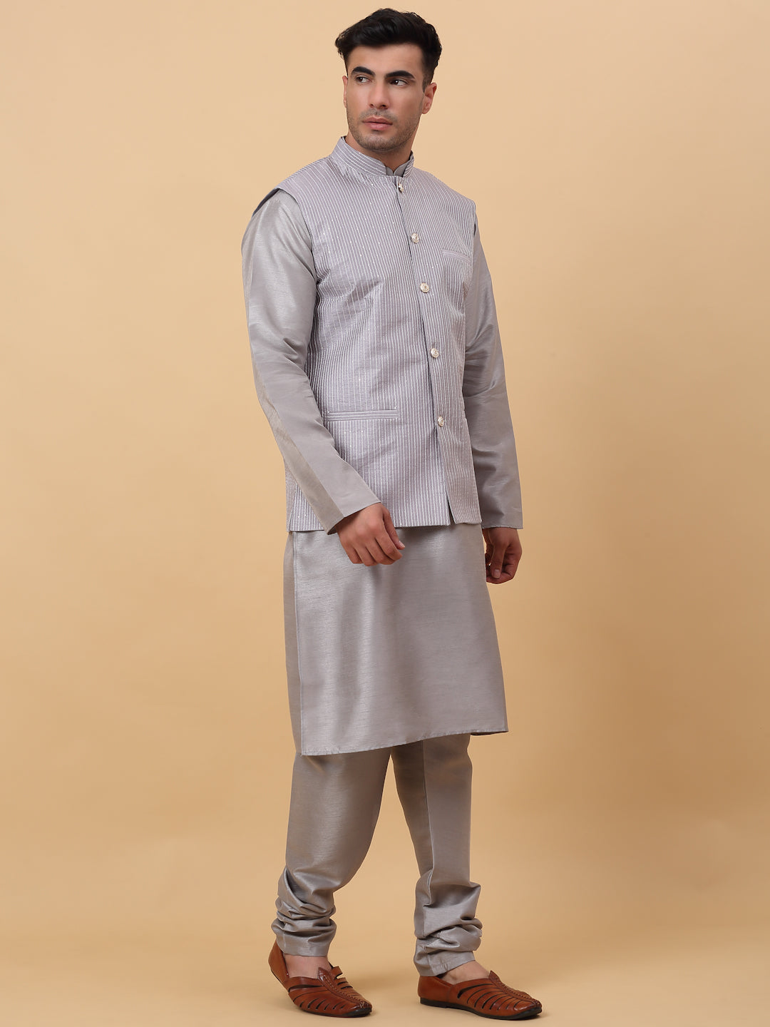 Men Grey Silk Blend Kurta, Churidar With SIlk Striped Nehru Jacket