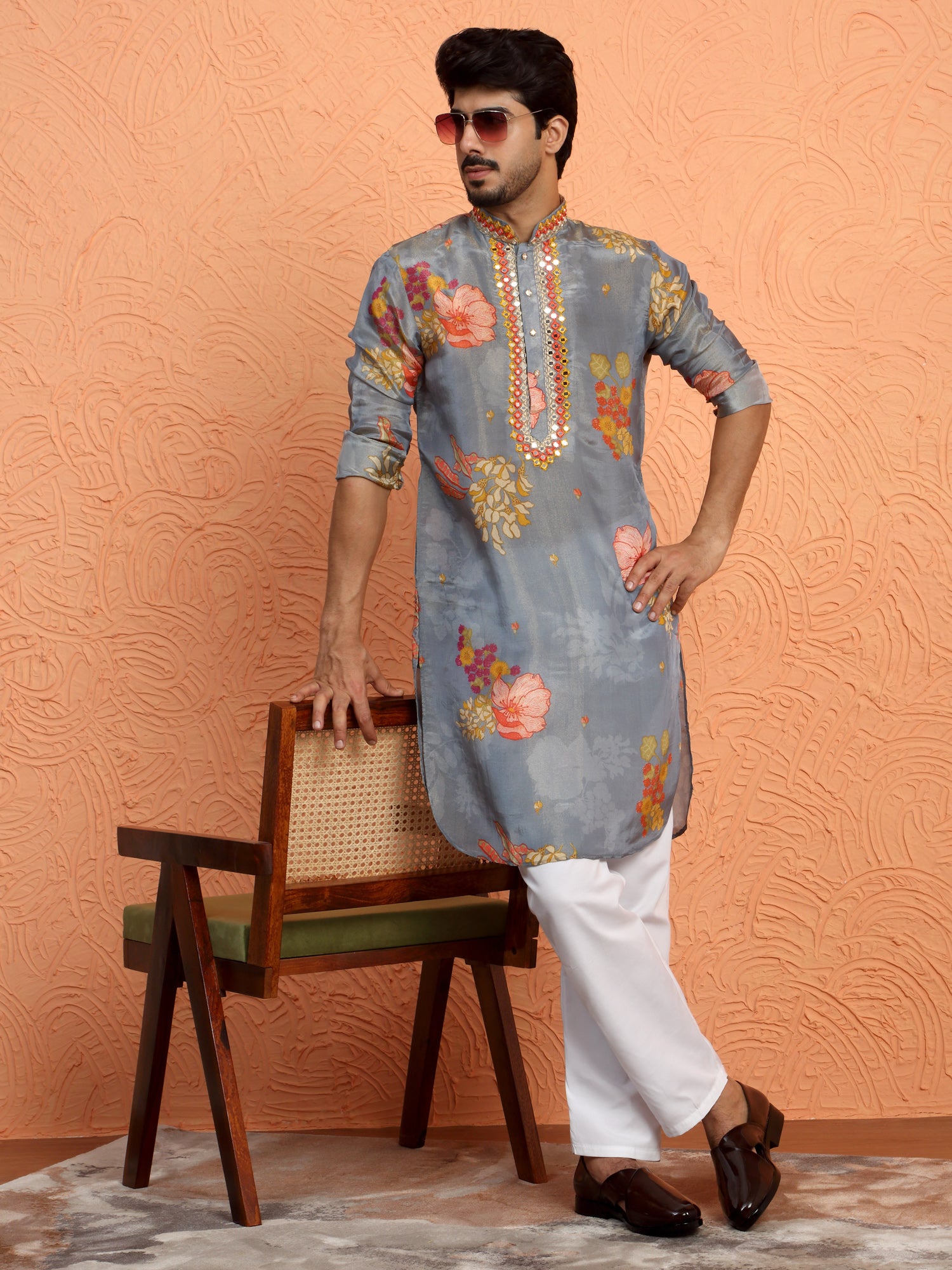 LUXE-Men's Silk Yoke Design Floral Mirror Work Kurta Trouser Pant Set