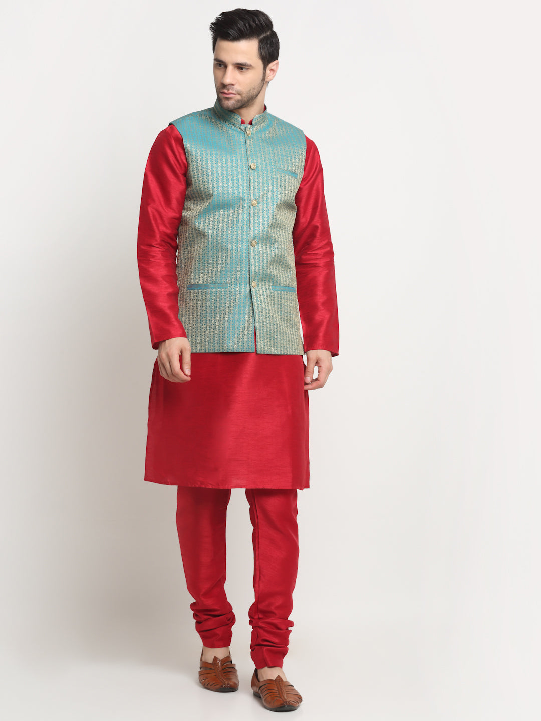 KRAFT INDIA Men's Silk Maroon Kurta Churidar with Nehru Jacket Set