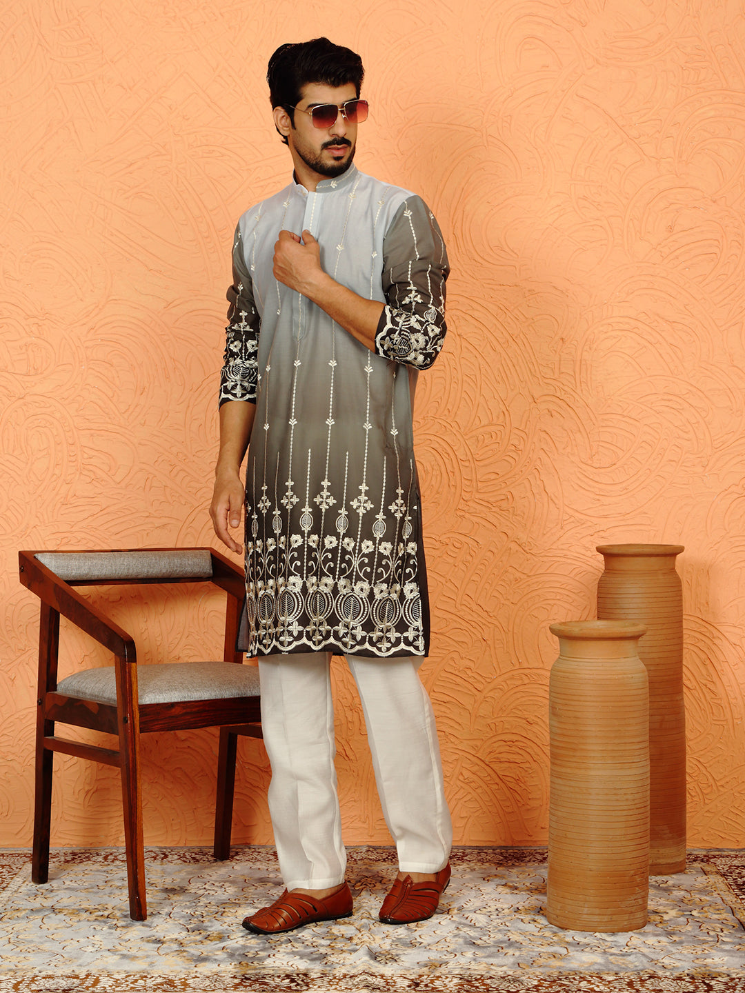 Cotton Silk Ombre Embroidered Daman Work Kurta with Cream Silk Trouser