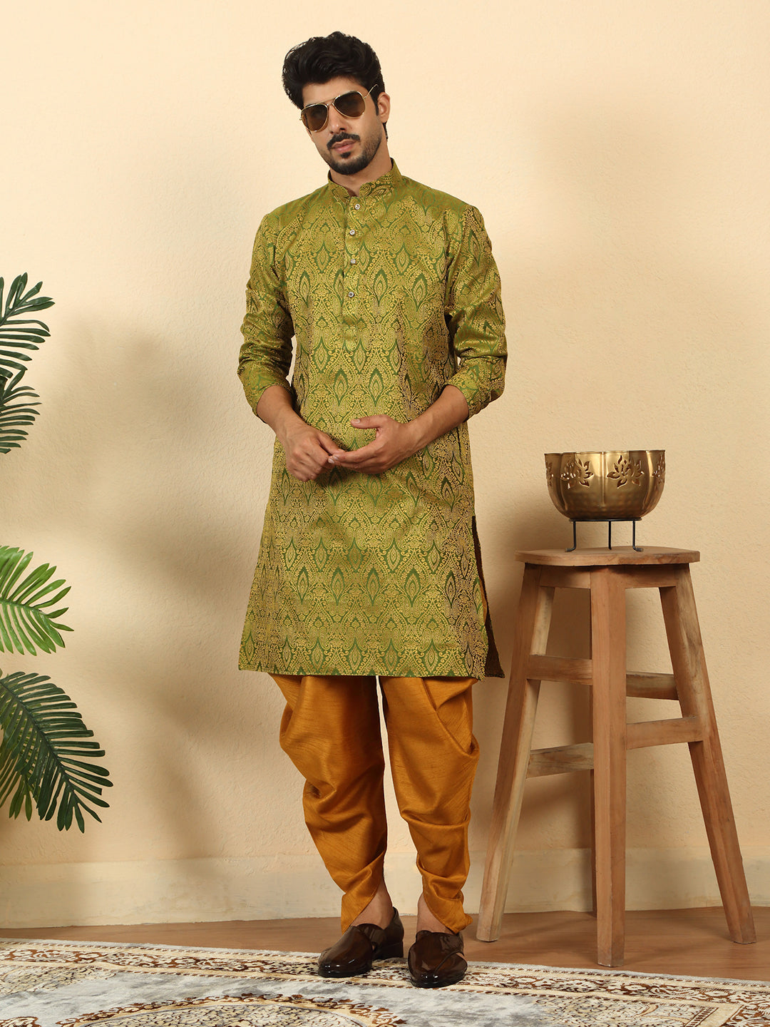 Silk Blend Jacquard Paisley Kurta With Mustard Elastic Waistband Dhoti Set