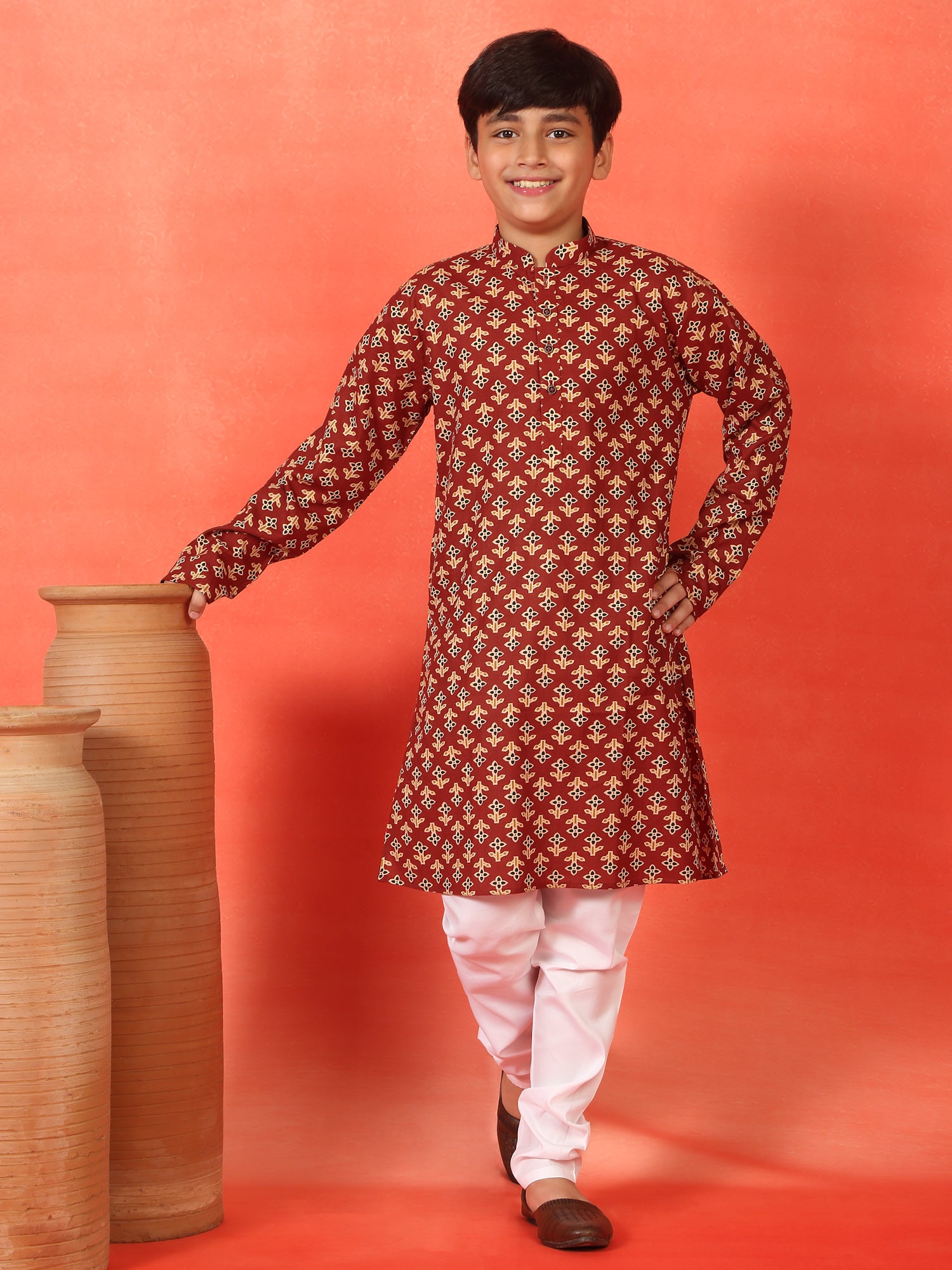 Kid's Maroon Floral Jaipuri Print Pure Cotton Long Kurta