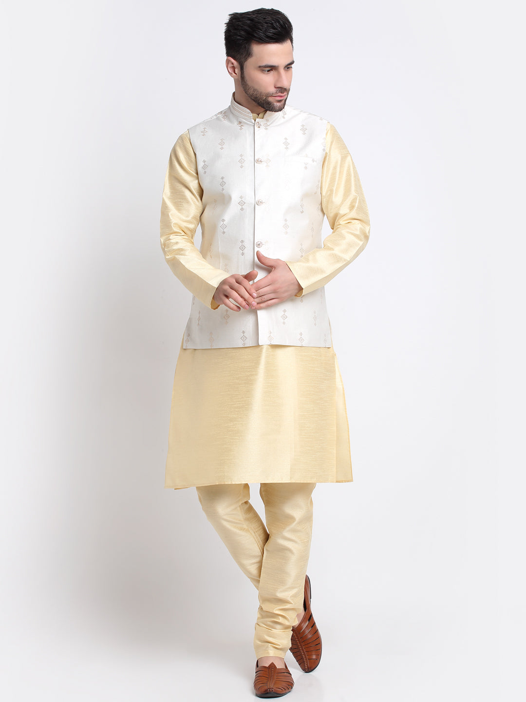 KRAFT INDIA Men Fawn Silk Kurta & Churidar With Sequenced Nehru Jacket