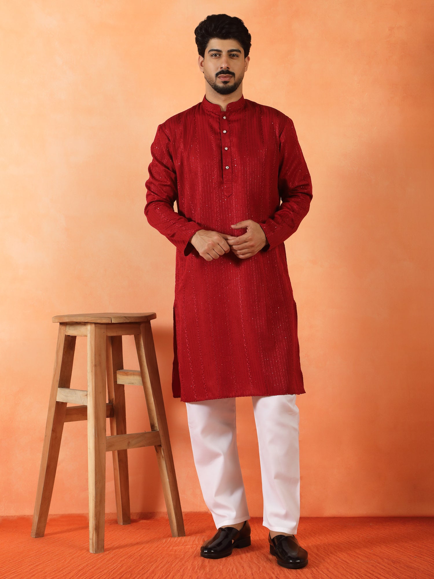 Men's Embroidered Thread Work Designed Cotton Silk Straight Kurta With Pyjama Set