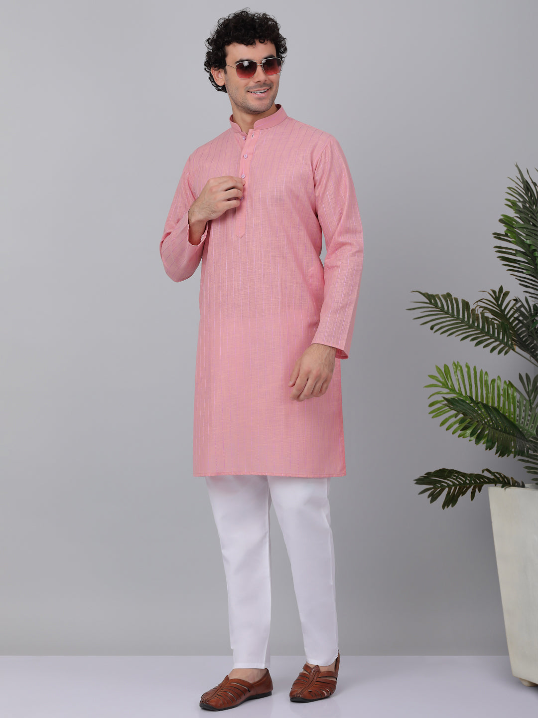 KRAFT INDIA Men Cotton Linen Striped Thread Work Knee Length Kurta With White Elastic Waistband Pyjama Set