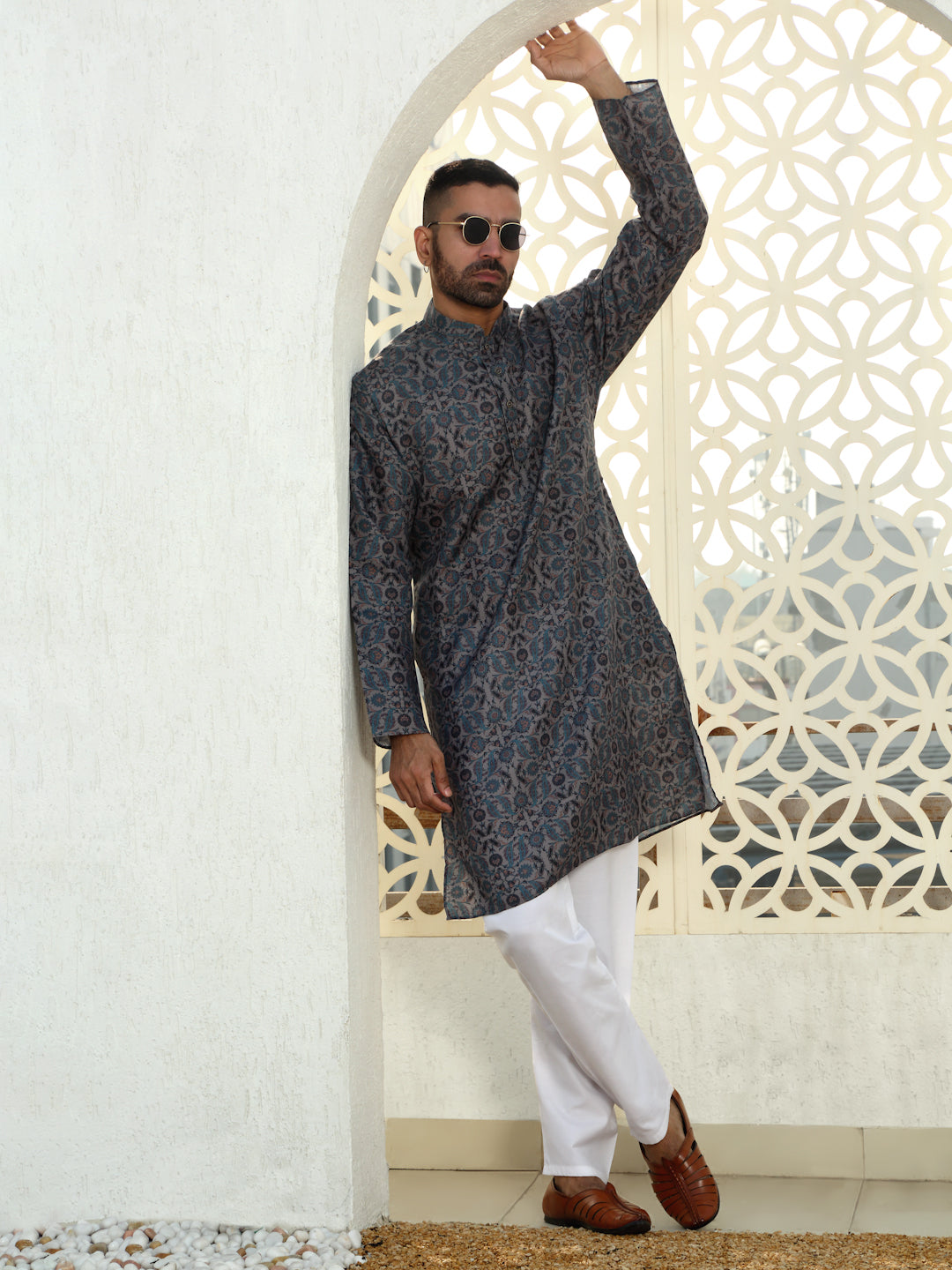 Cotton Floral Printed Kurta with white Elastic waistband Pyjama set