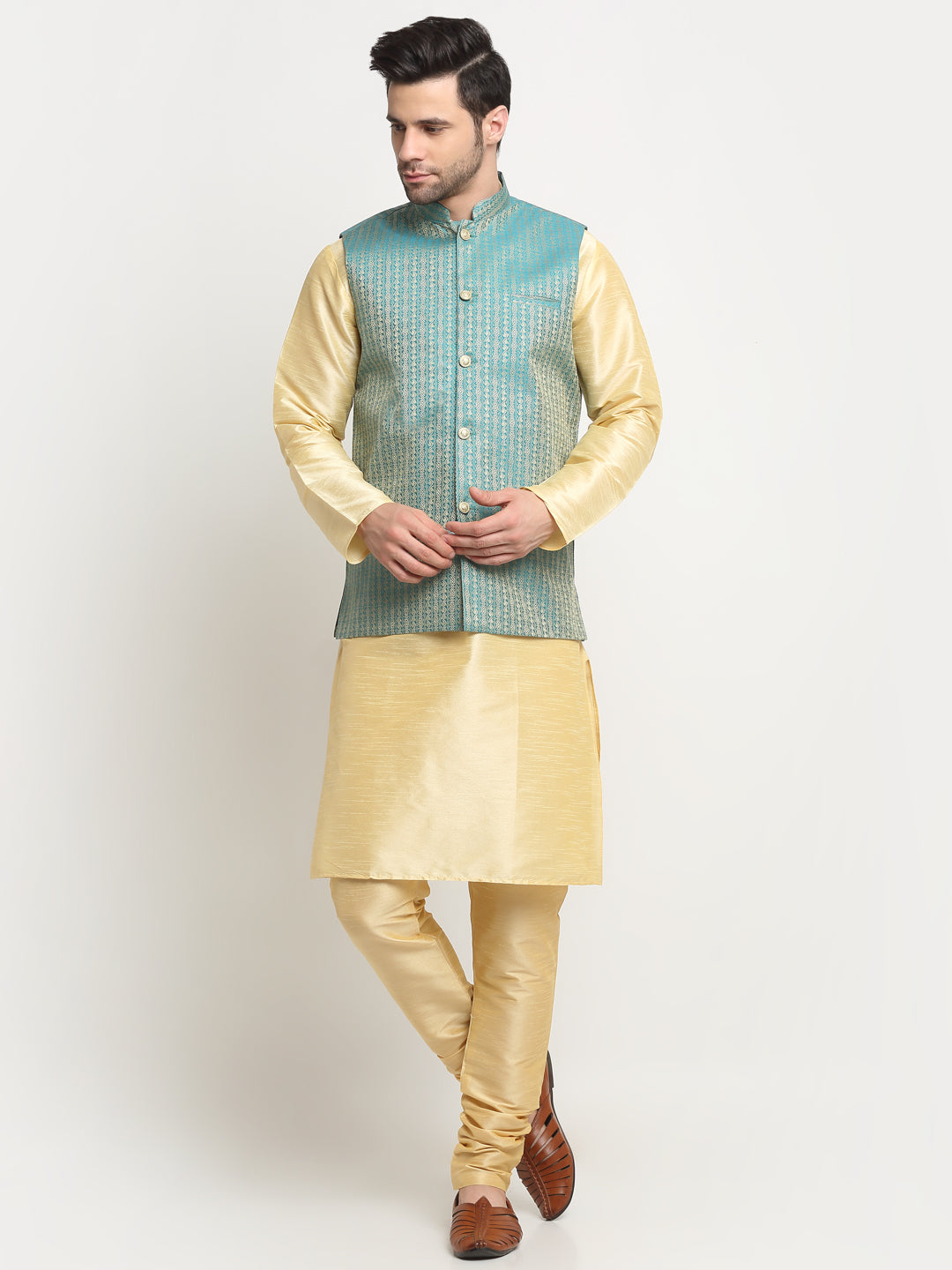 KRAFT INDIA Men's Silk Beige Kurta Churidar with Nehru Jacket Set