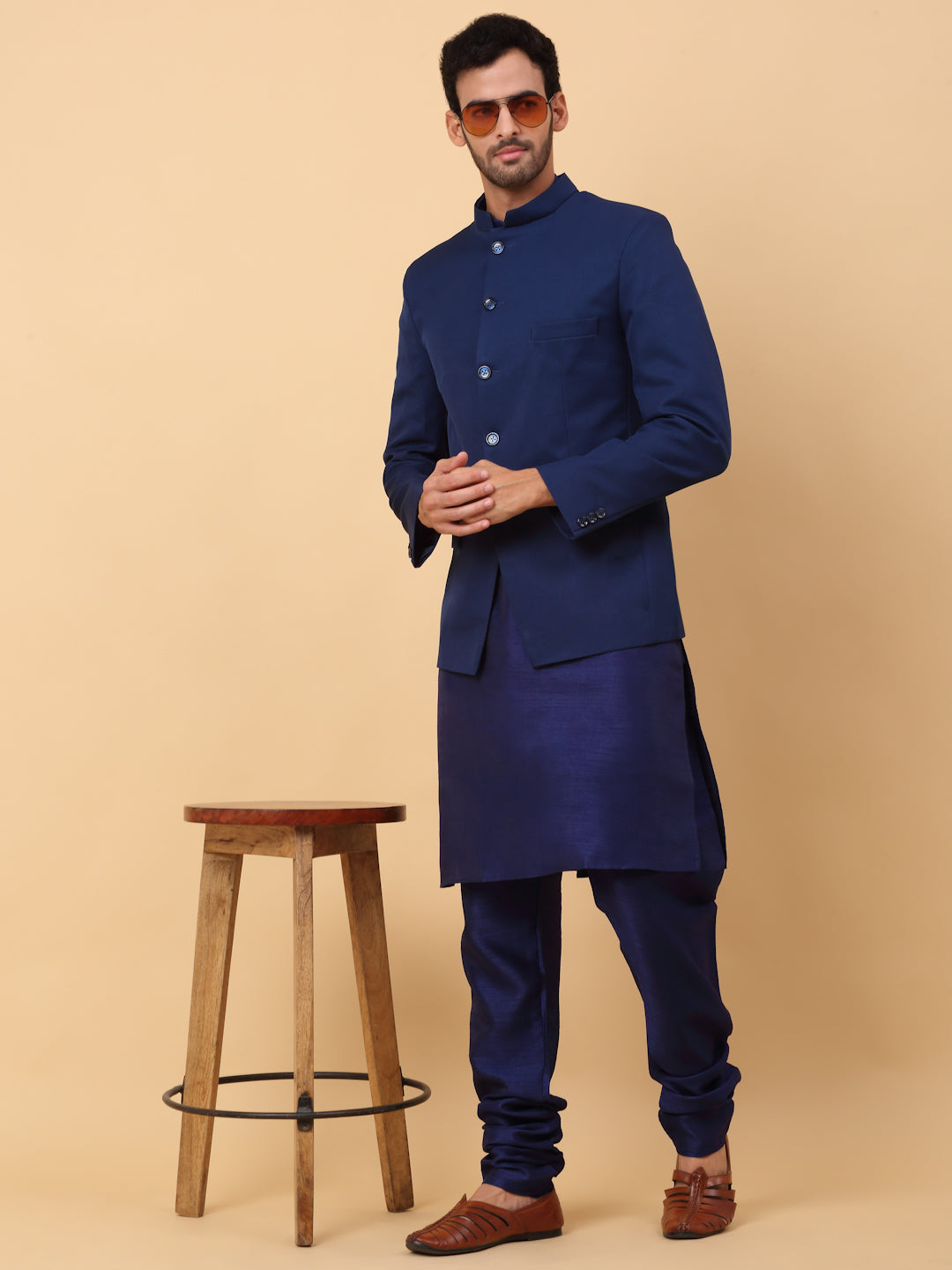 KRAFT INDIA Men's Silk Navy Blue Kurta Churidar With Solid Twill Bandhgala Suit/Coat