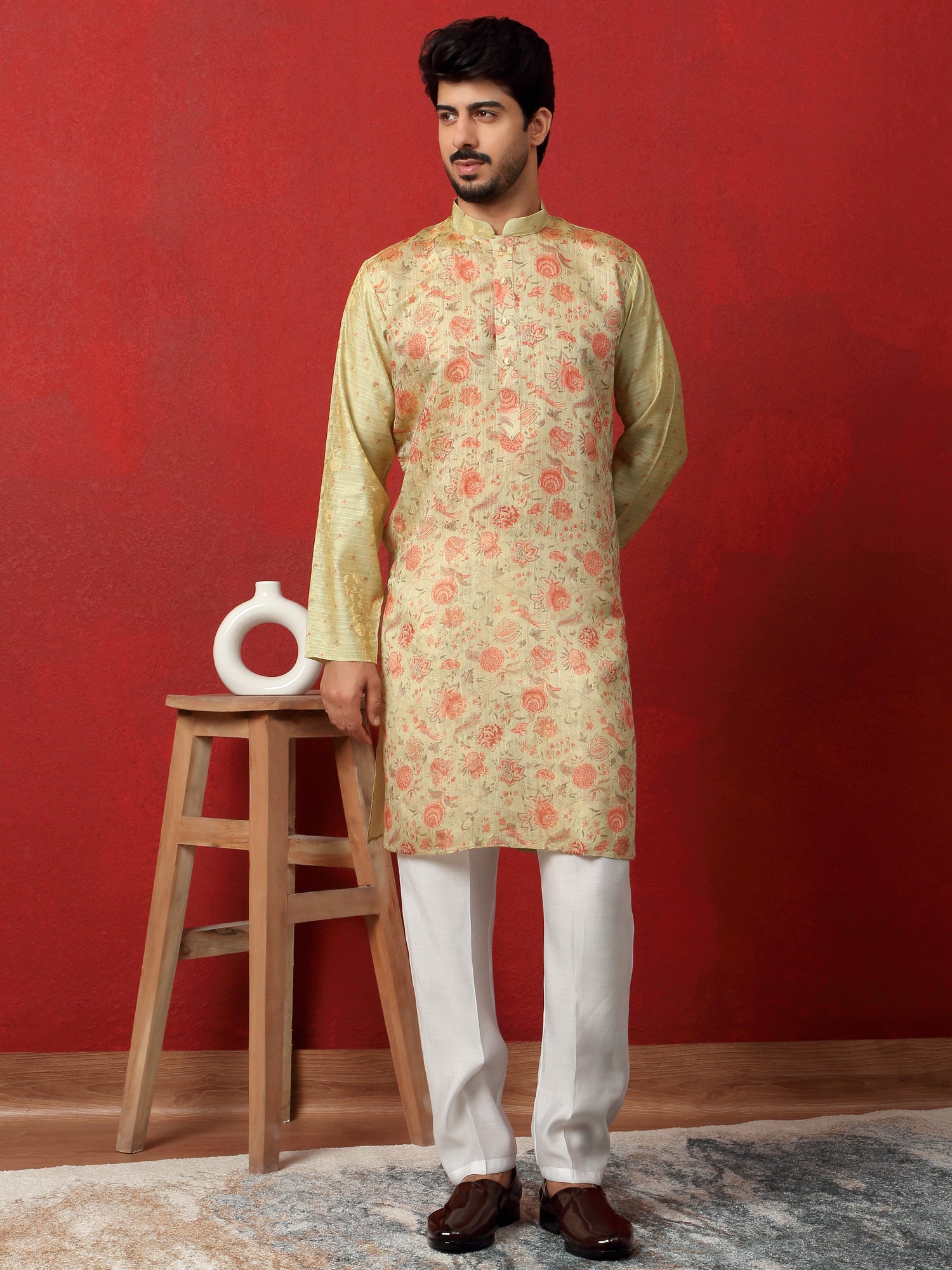 Men's Silk Floral Printed Straight Kurta