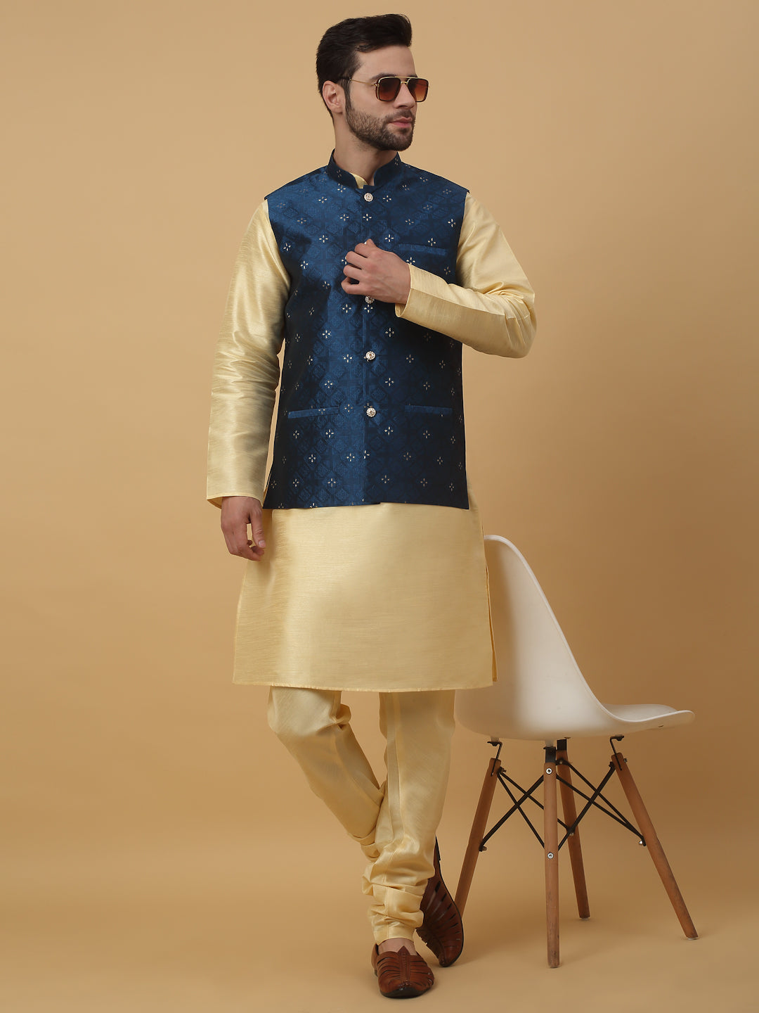 KRAFT INDIA Men's Silk Blend Beige Kurta, Churidar with Jacquard Silk Blend Floral Nehru Jacket Set