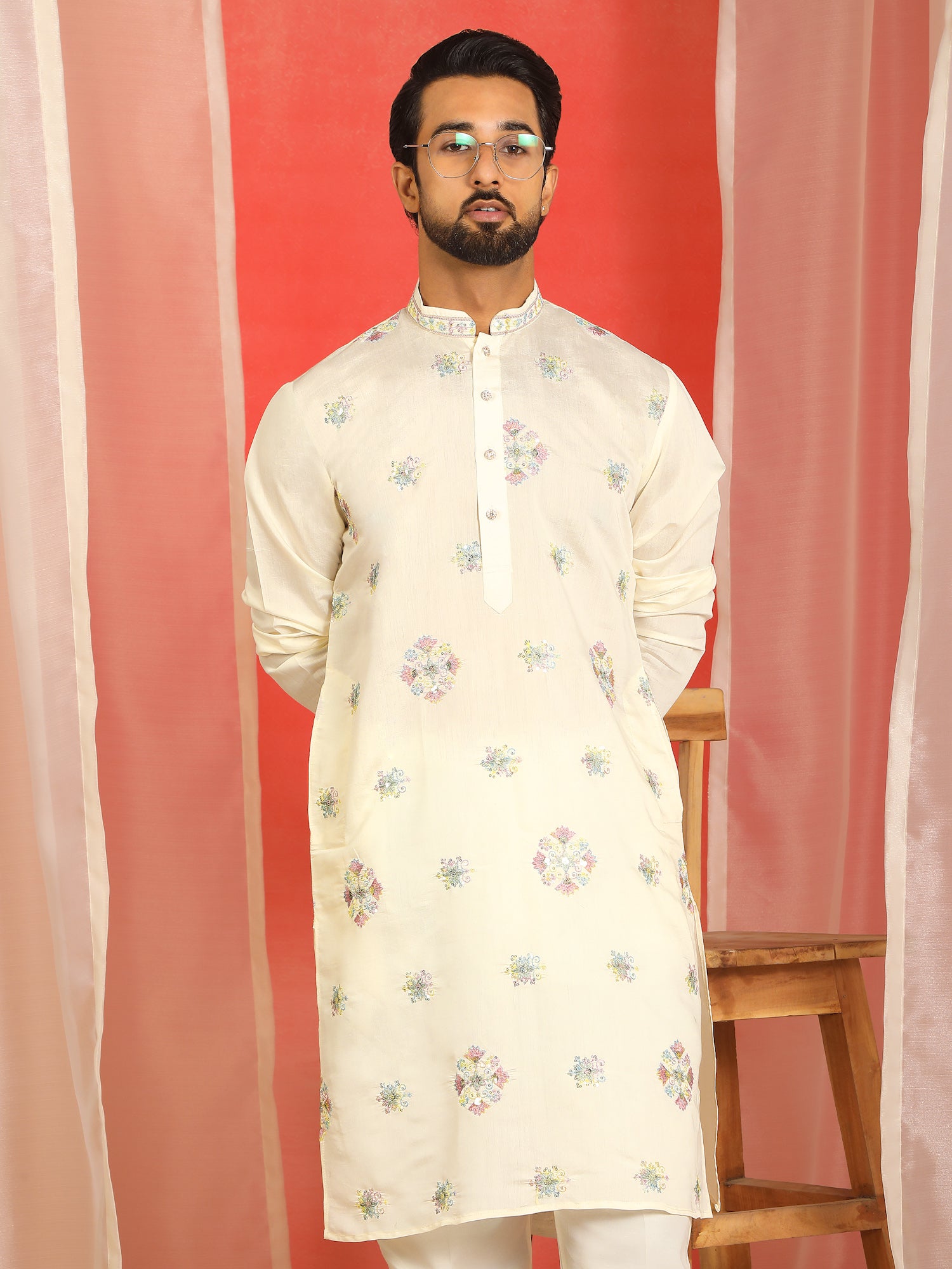 Men Cotton Silk Floral Thread Work Sequined Festive Kurta