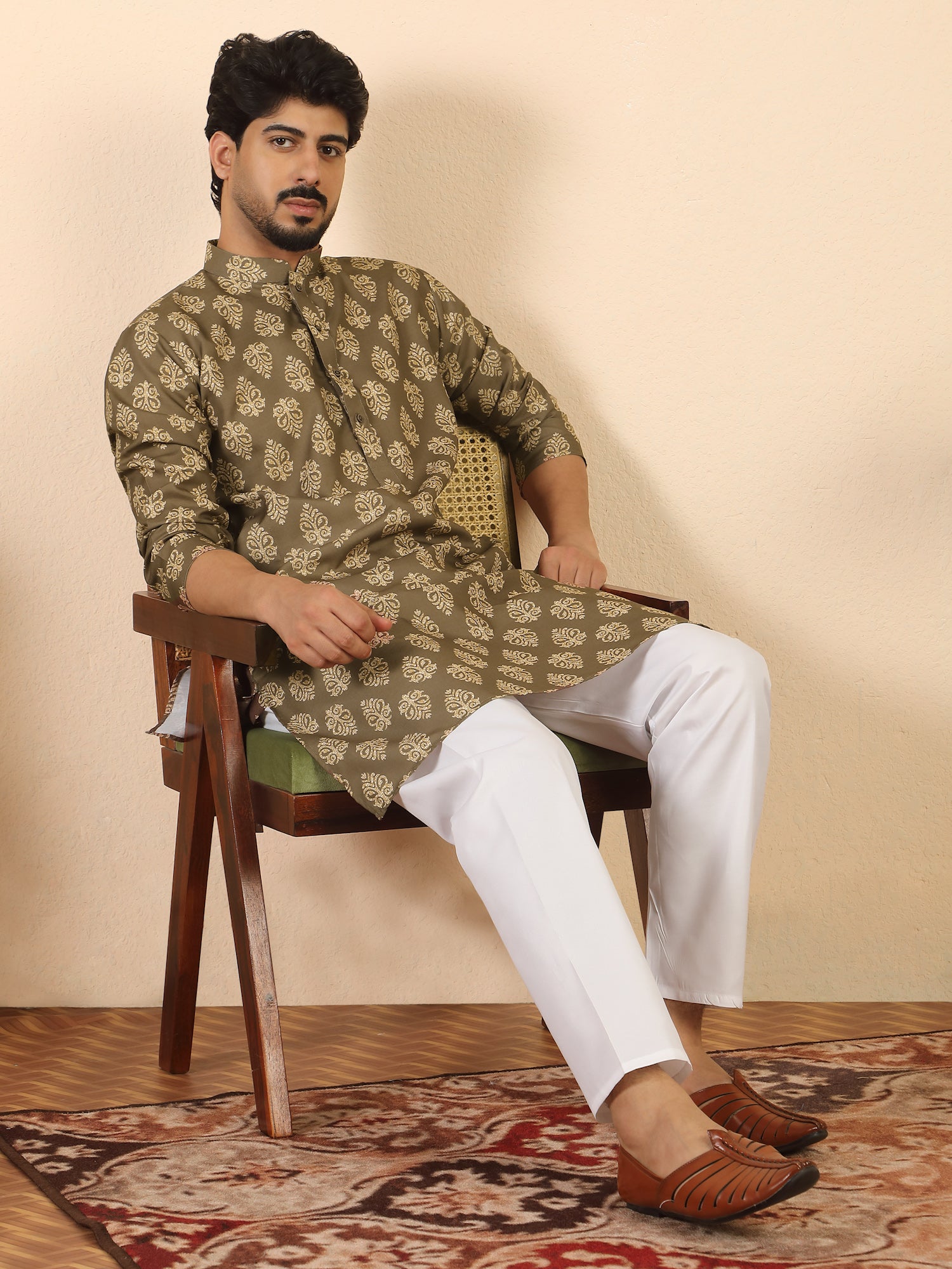 Men's Pure Cotton Jaipuri Print Blue Long Kurta with Mandarin Collar