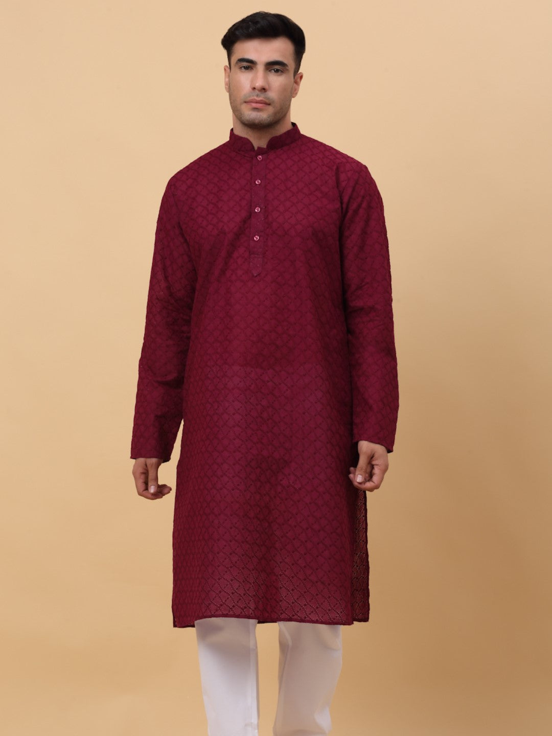Men's Cotton Blend Thread Work Embroidered Chikan Kurta