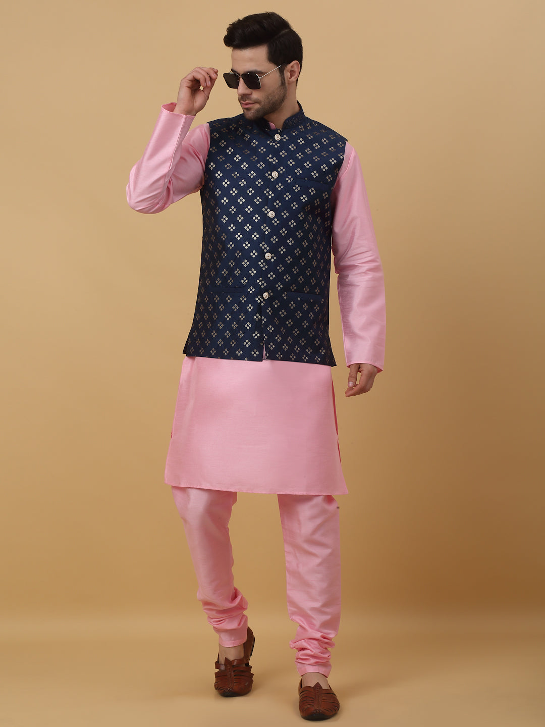 KRAFT INDIA Men's Silk Blend Pink Kurta, Churidar with Cotton Silk Embroided Sequenced Nehru Jacket Set