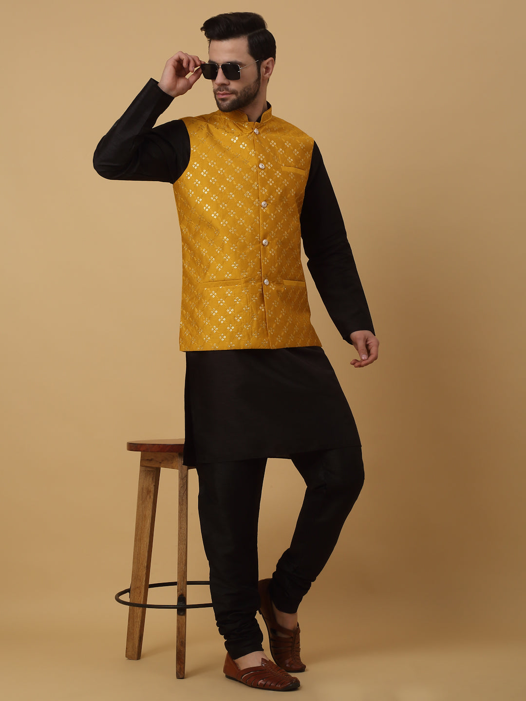 KRAFT INDIA Men's Silk Blend Black Kurta, Churidar with Cotton Silk Embroided Sequenced Nehru Jacket Set