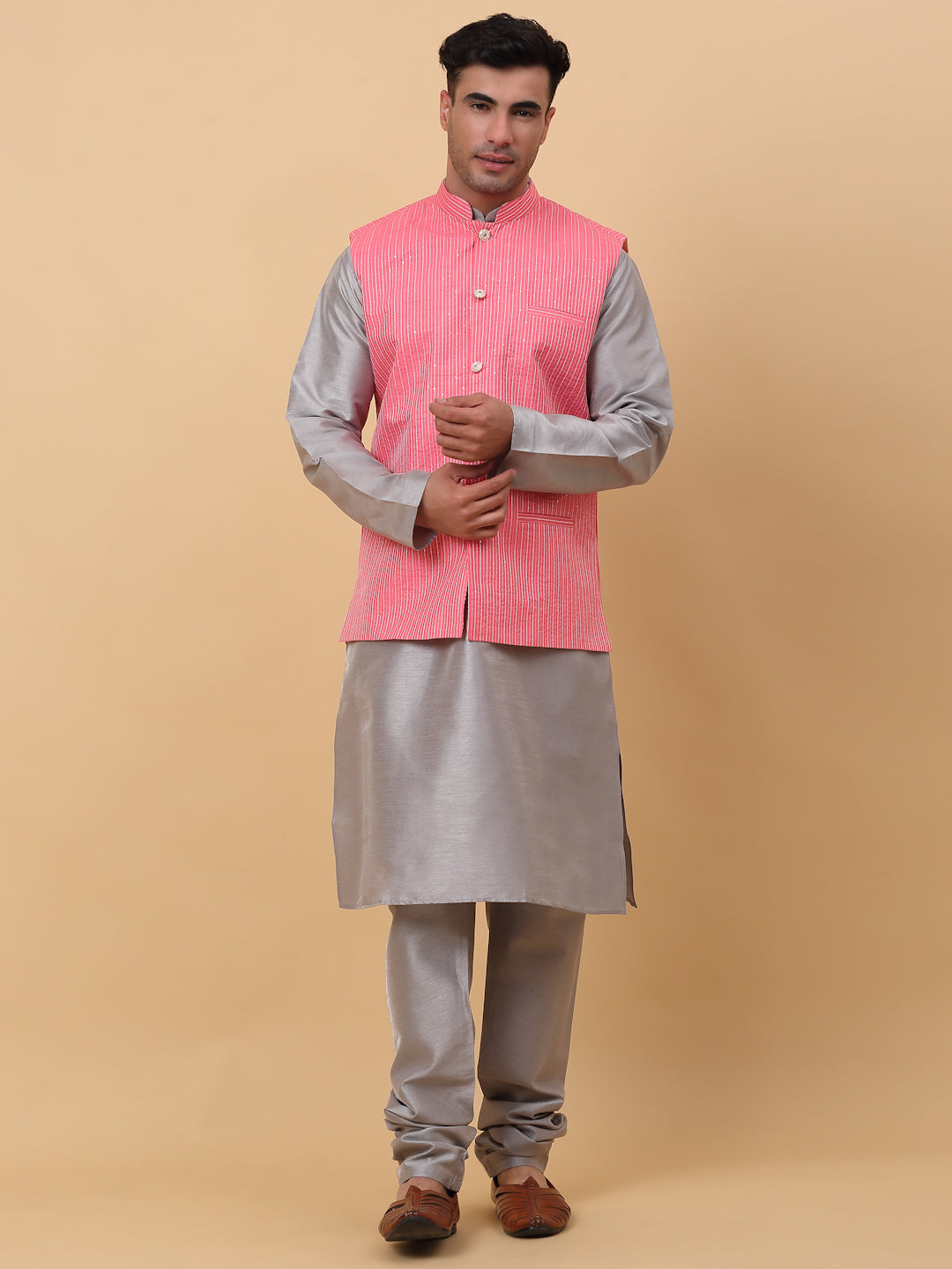 Men Grey Silk Blend Kurta, Churidar With SIlk Striped Nehru Jacket