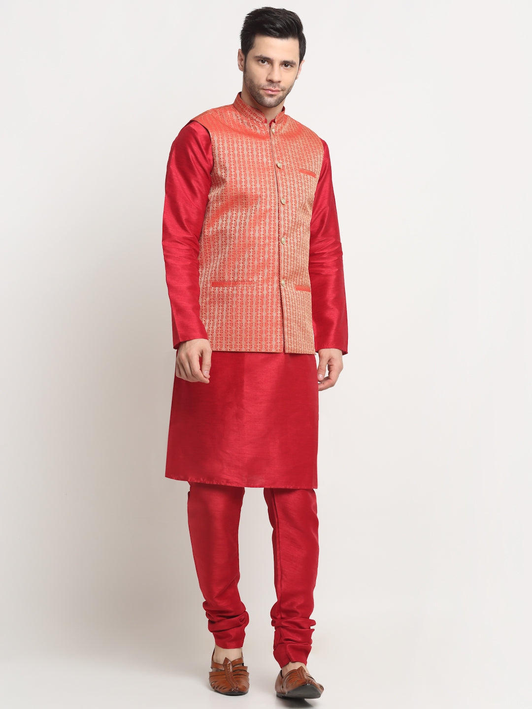 KRAFT INDIA Men's Silk Maroon Kurta Churidar with Nehru Jacket Set