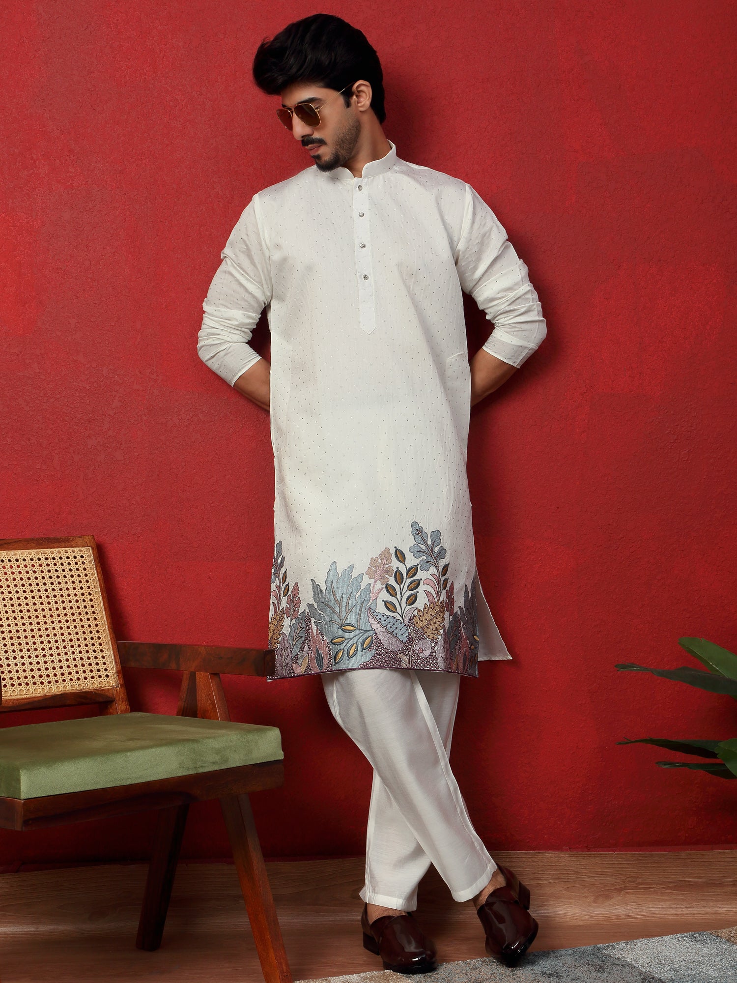 LUXE- Cotton Silk Siroski Work Daman Embroidered Kurta