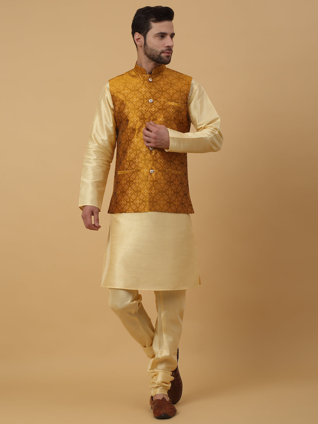 KRAFT INDIA Men's Silk Blend Beige Kurta, Churidar with Jacquard Silk Blend Floral Nehru Jacket Set