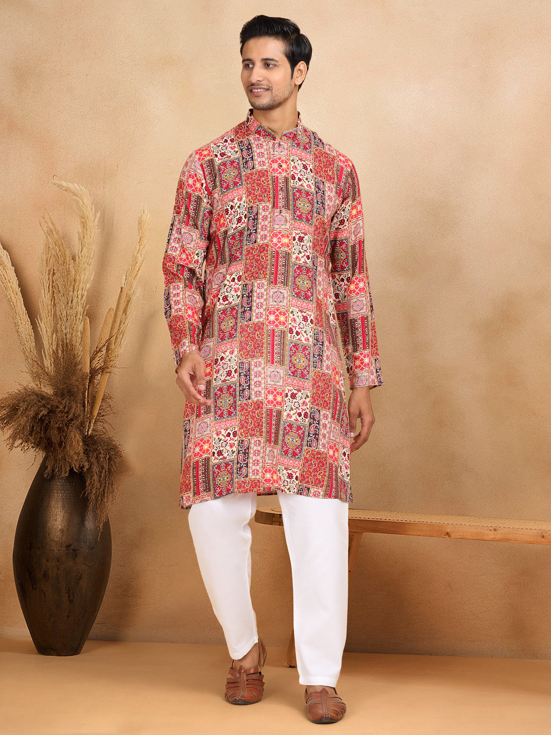 KRAFT INDIA Men's Rayon Ethnic Motif Printed Regular Straight Kurta With Elastic Waistband White Pyjama Set