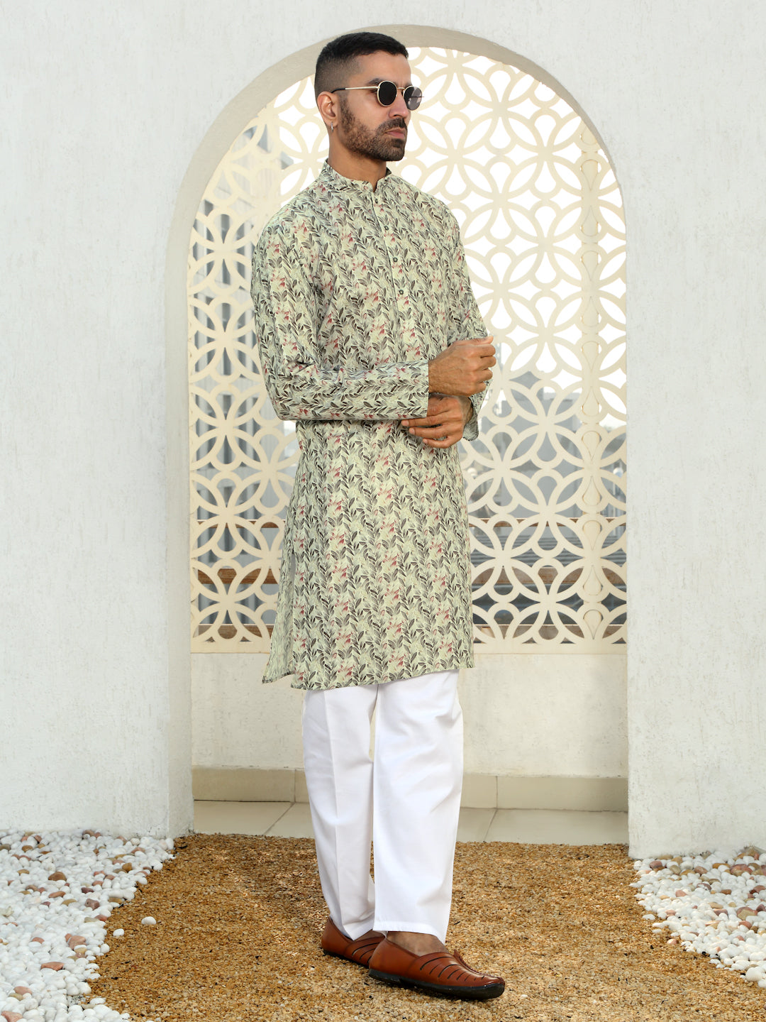Cotton Leaf Printed Kurta with white Elastic waistband Pyjama set