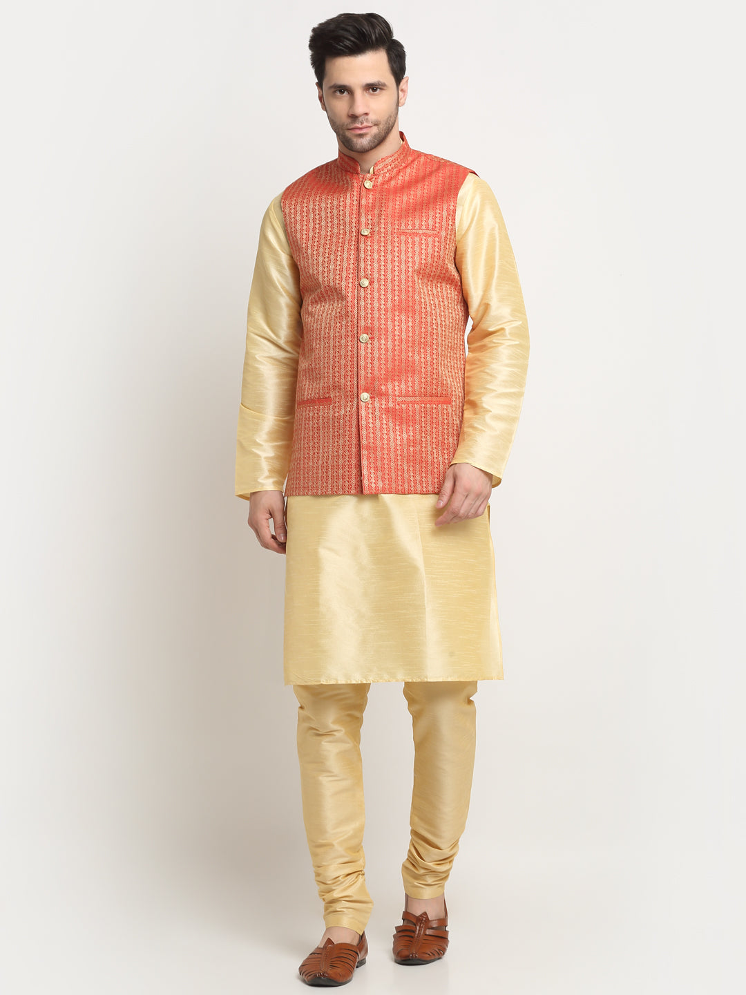 KRAFT INDIA Men's Silk Beige Kurta Churidar with Nehru Jacket Set
