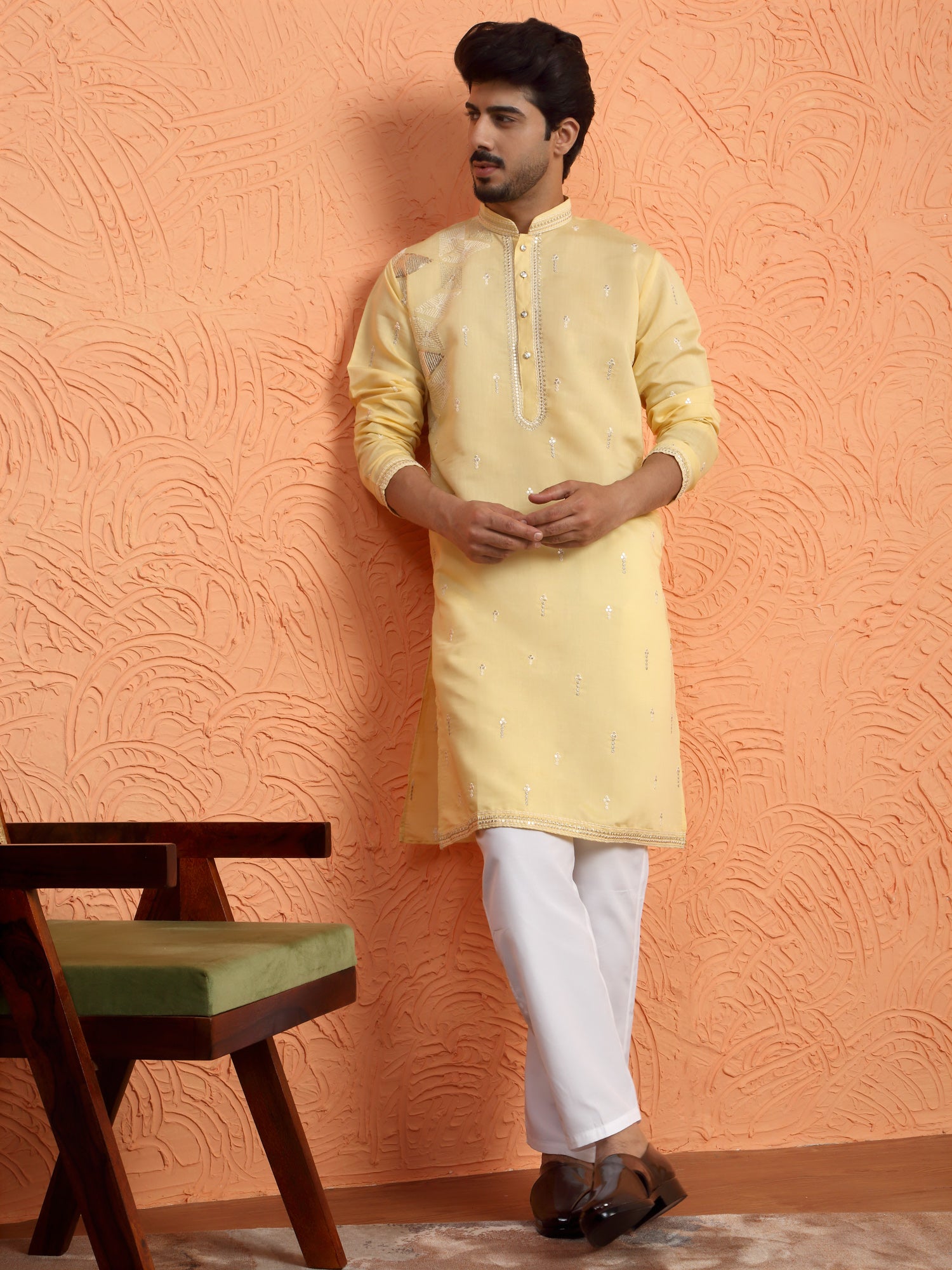 LUXE-Men's Cotton Silk Sequinced Placement Embroidered Kurta Trouser Pant Set