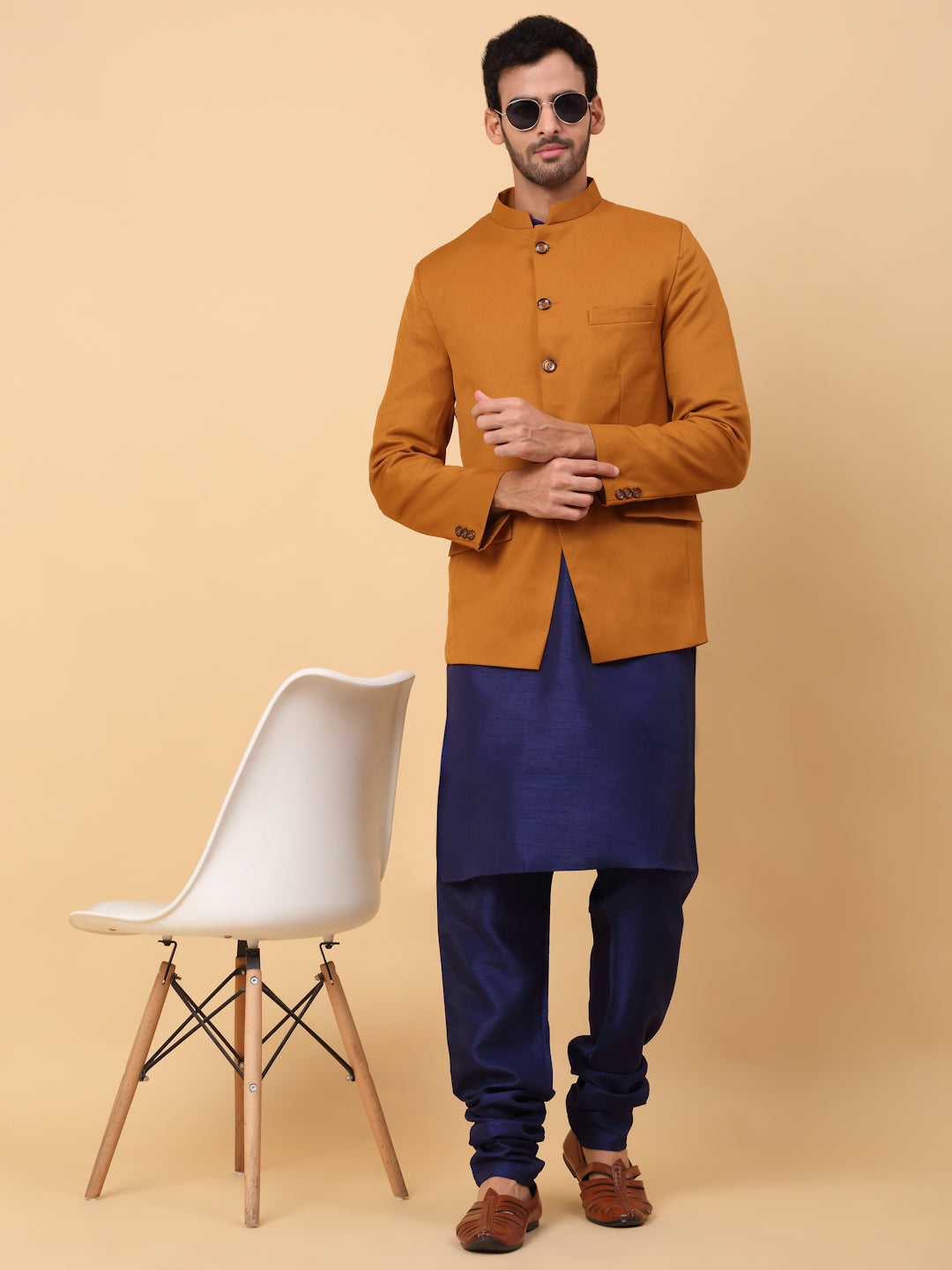 KRAFT INDIA Men's Silk Navy Blue Kurta Churidar With Solid Twill Bandhgala Suit/Coat