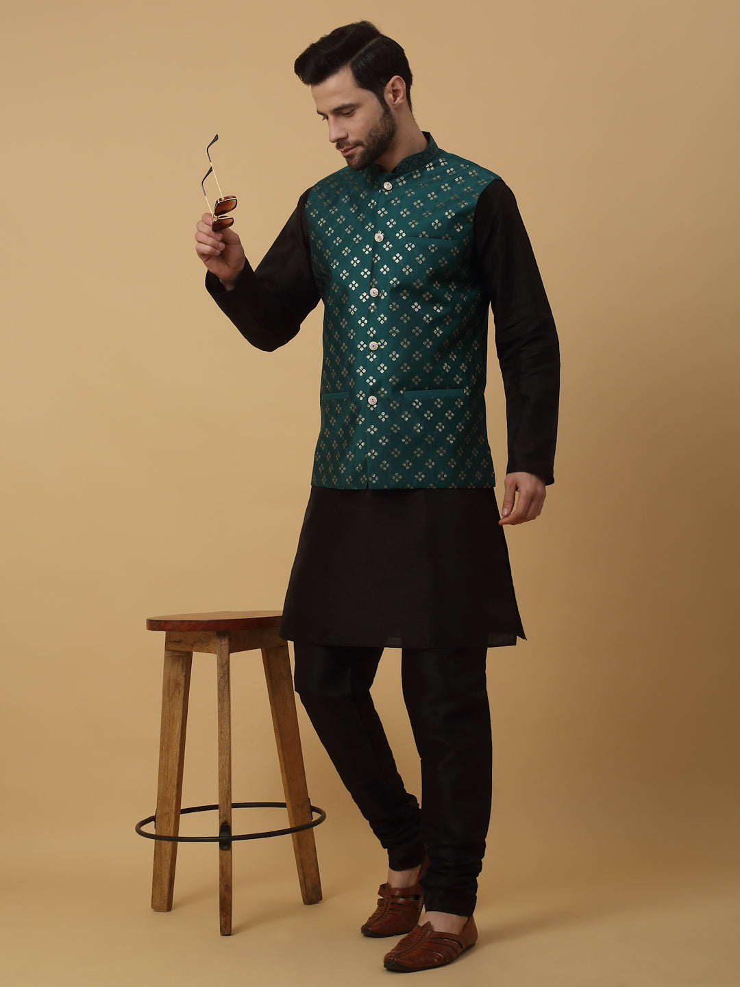 KRAFT INDIA Men's Silk Blend Black Kurta, Churidar with Cotton Silk Embroided Sequenced Nehru Jacket Set