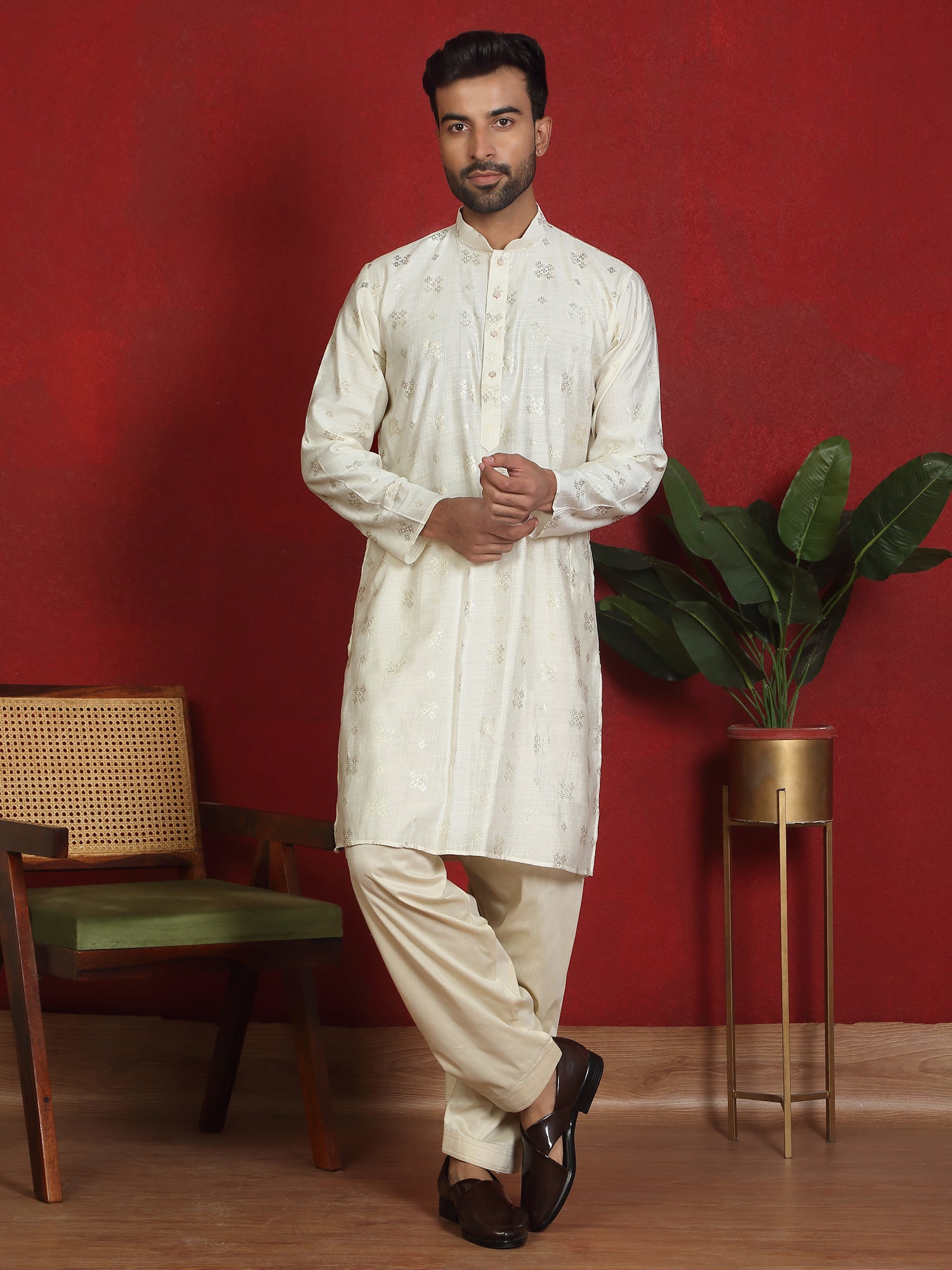 Men’s Cotton Silk Printed Mandarin Collar Kurta with Salwar