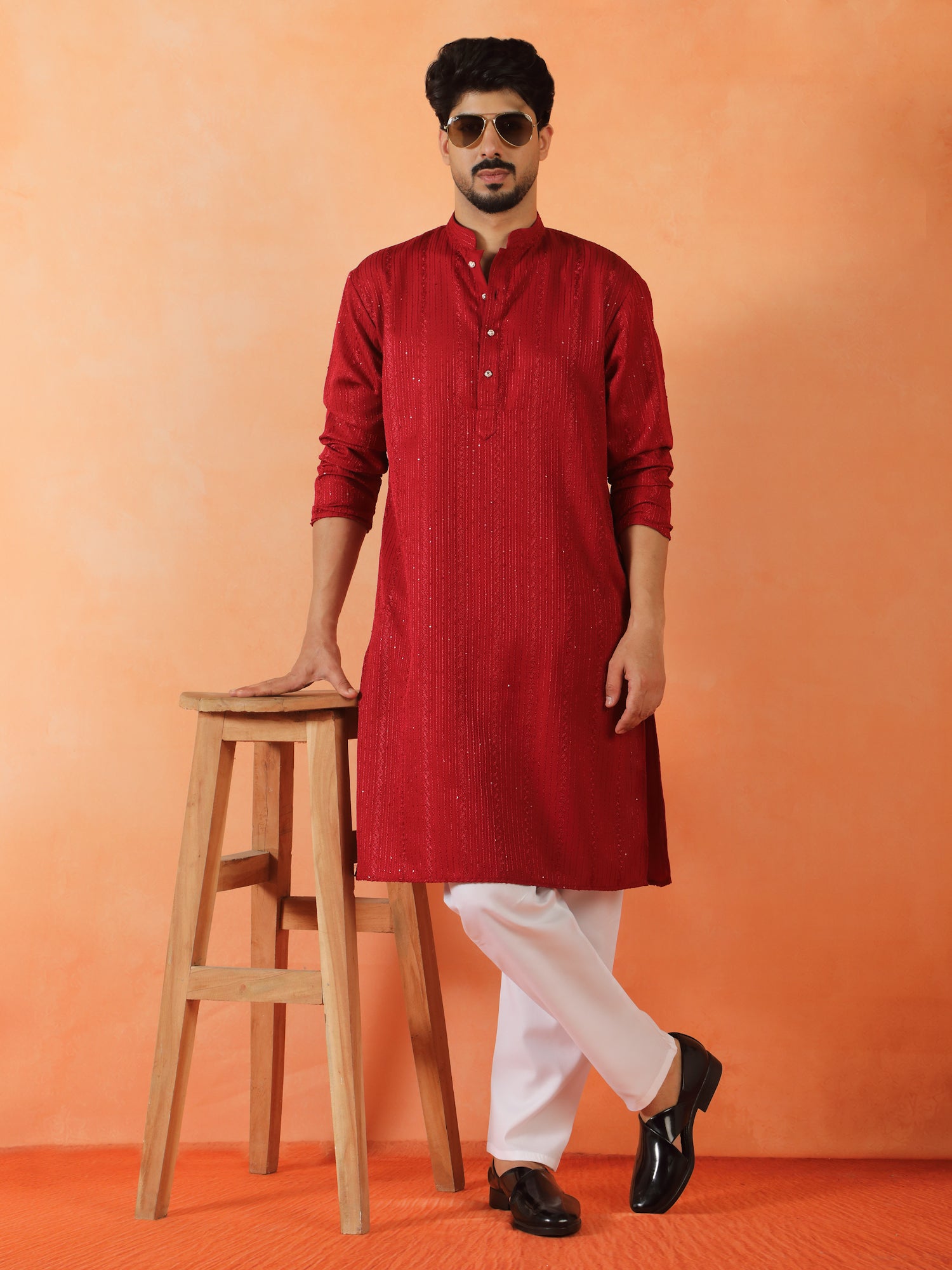 Men Sequenced thread work Designed Cotton Silk Straight Long Kurta