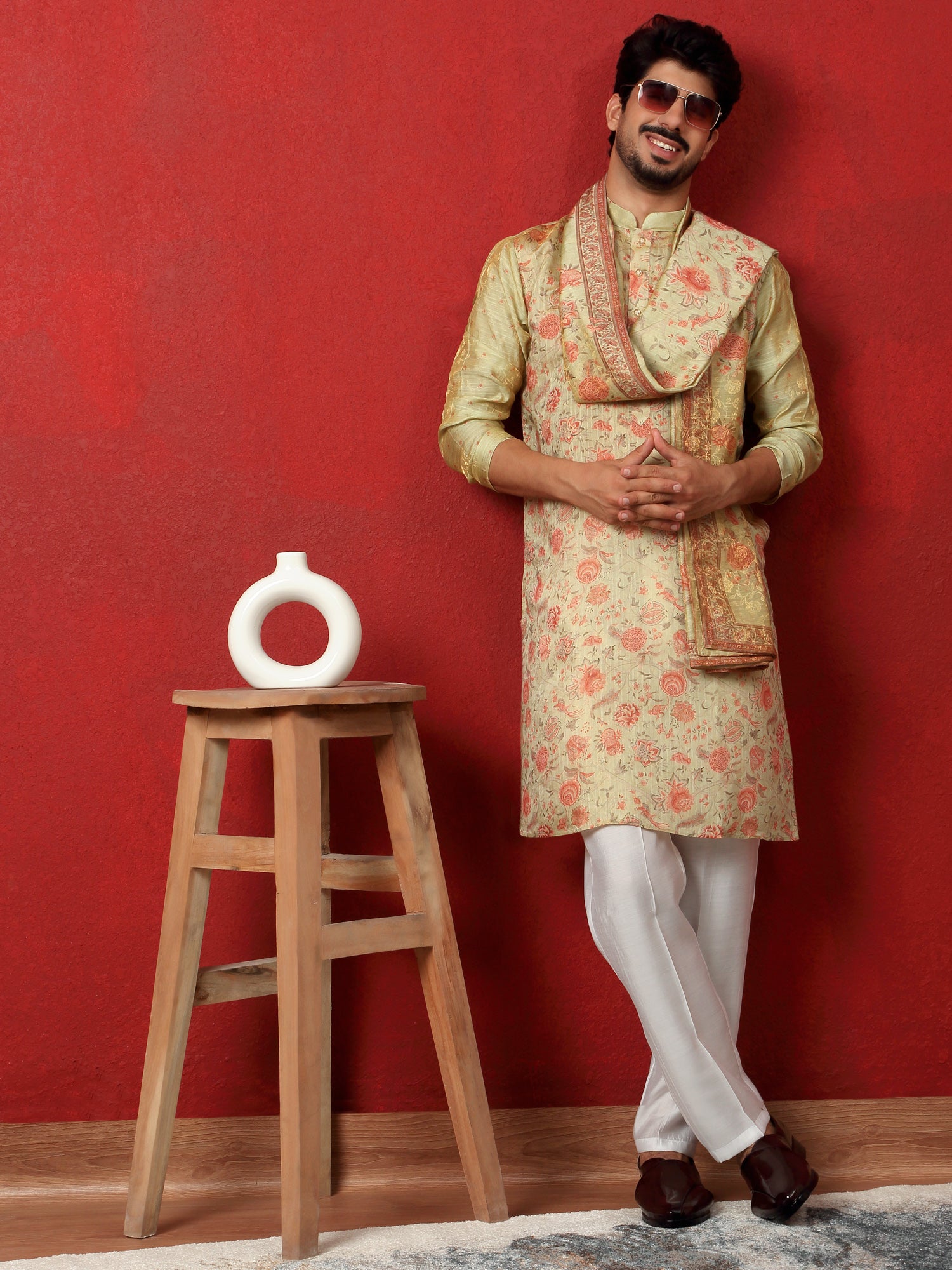 LUXE- Men's Silk Floral Printed Kurta Cream Trouser Pant Set With Matching Duppatta