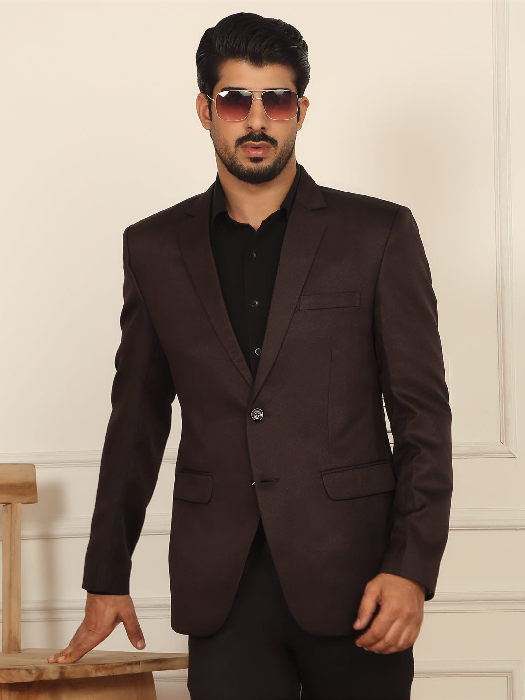 Men’s Solid Twill Notched Lapel Collar Beige Coat with Double Vent