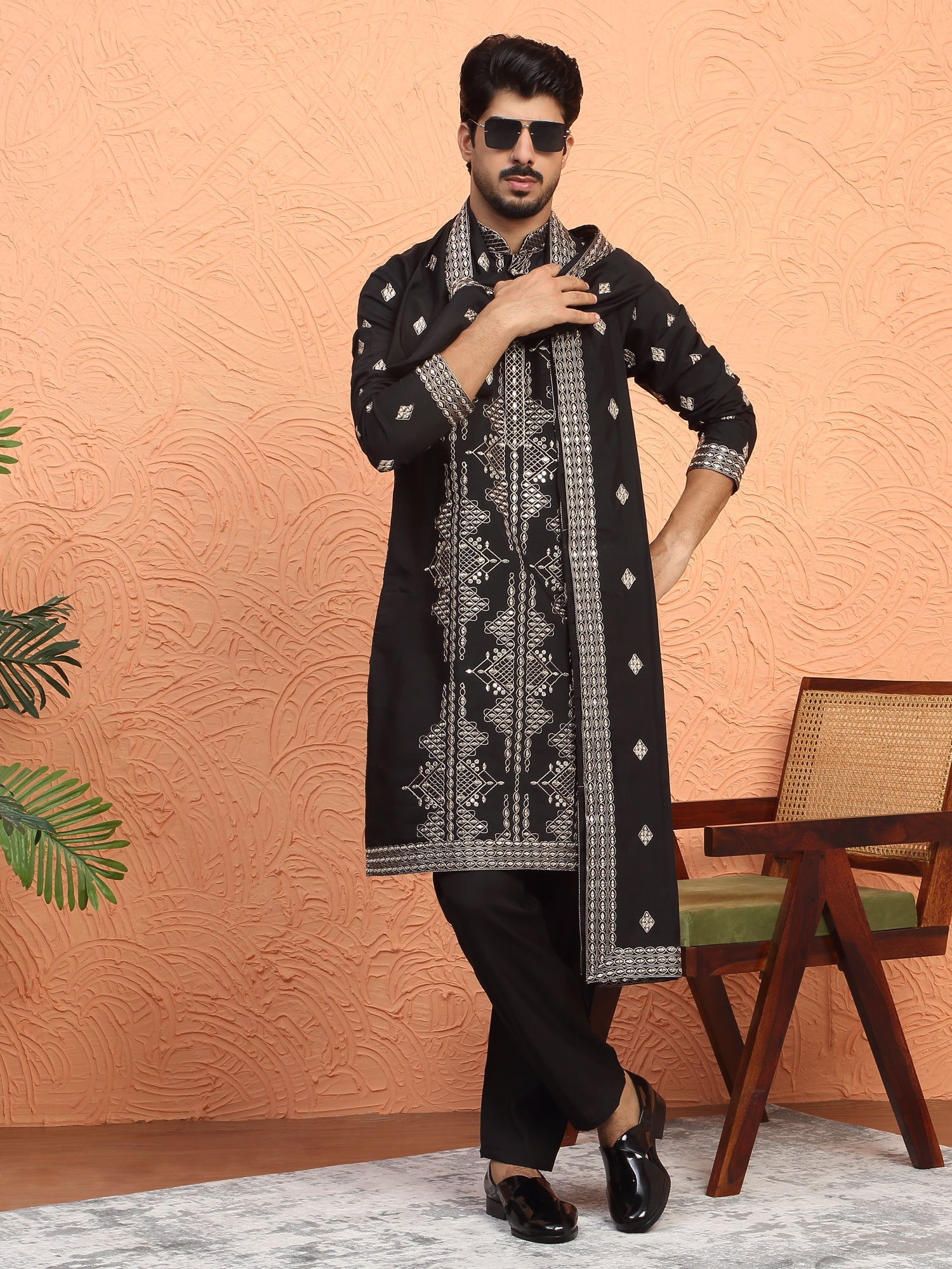 Men's Cotton Silk Zari Sequenced Embroidered Kurta Trouser Pant Set With Matching Dupatta