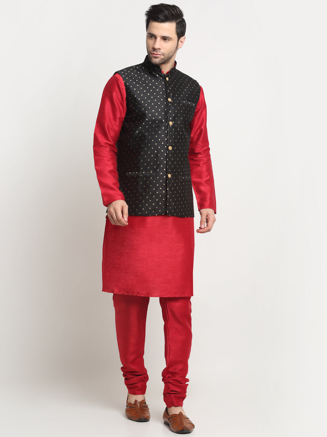 KRAFT INDIA Men's Silk Maroon Kurta Churidar With Polka Dotted Nehru Jacket Set