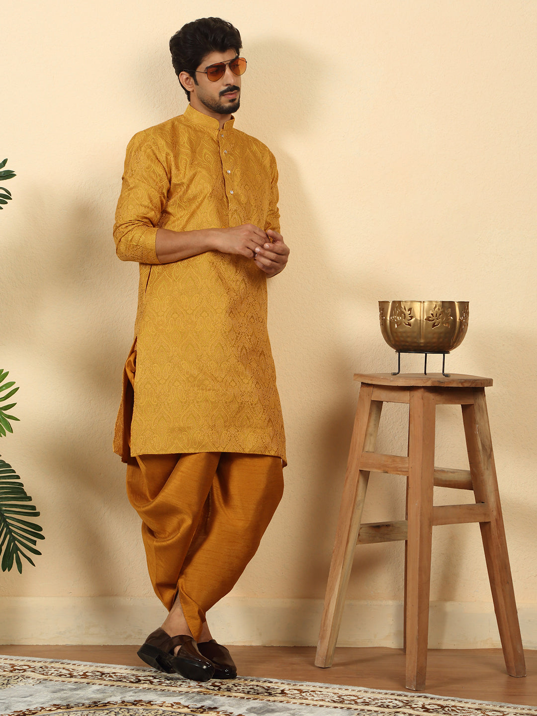 Silk Blend Jacquard Paisley Kurta With Mustard Elastic Waistband Dhoti Set
