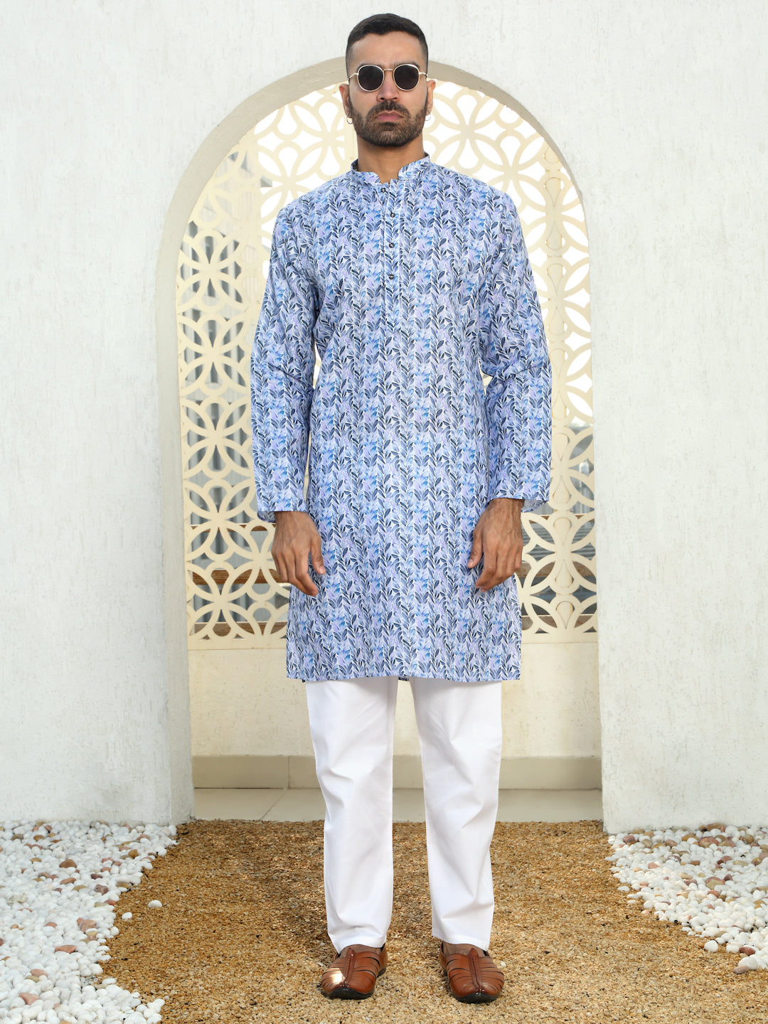 Cotton Leaf Printed Kurta with white Elastic waistband Pyjama set