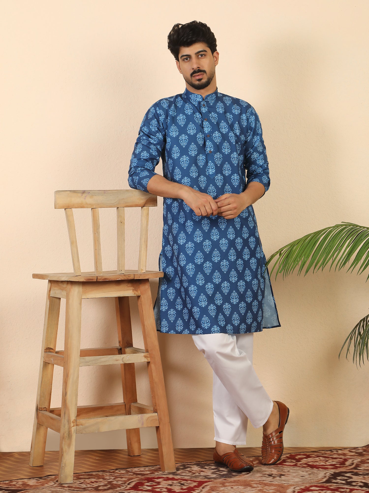 Men's Pure Cotton Jaipuri Print Blue Long Kurta with Mandarin Collar