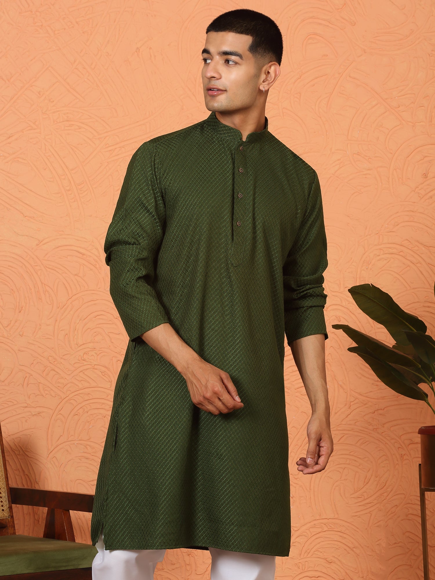Men's Chikan Embroidered Cotton Rayon Long Kurta With White Pyjama