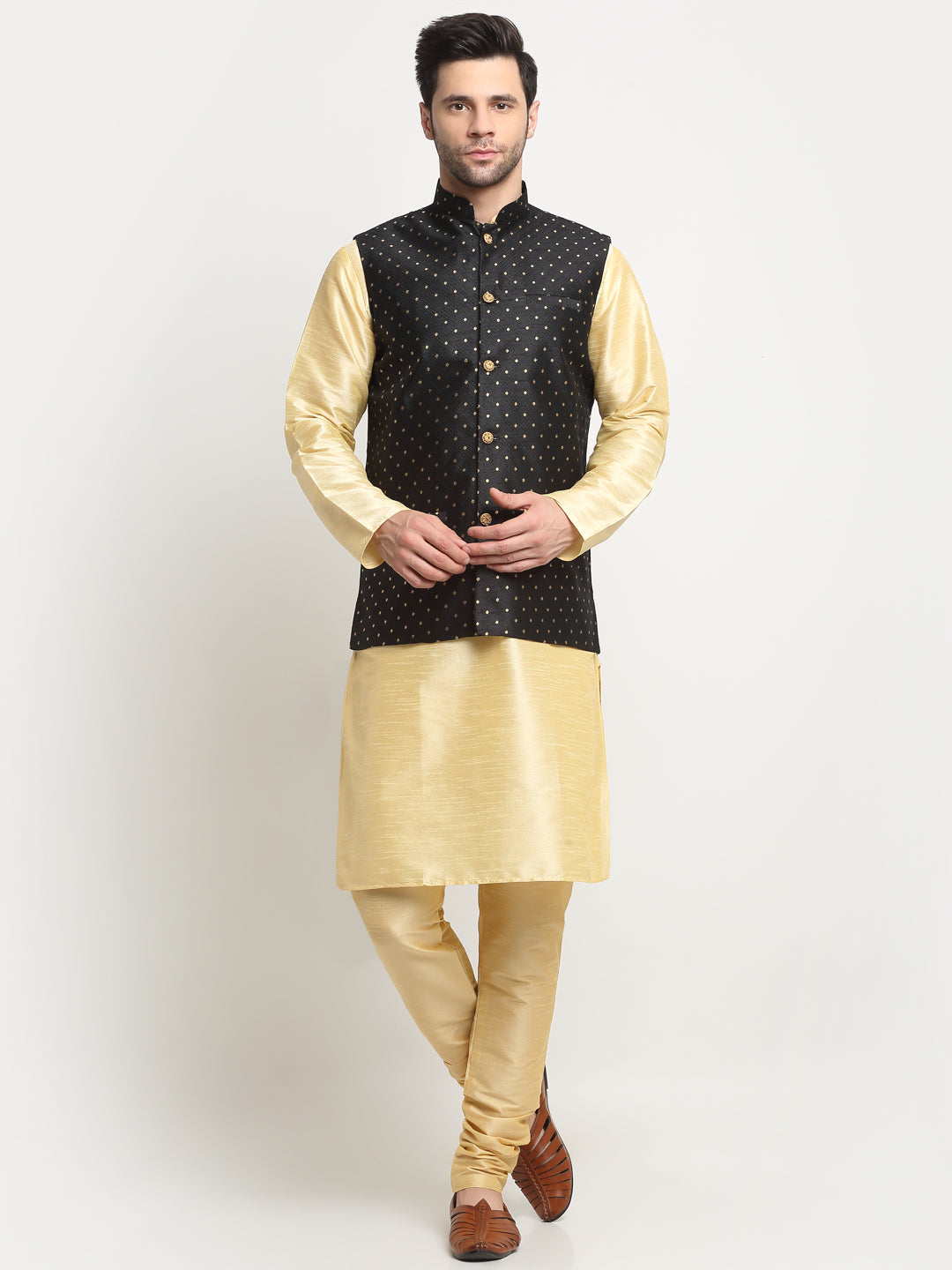 KRAFT INDIA Men's Silk Beige Kurta Churidar With Polka Dotted Nehru Jacket Set