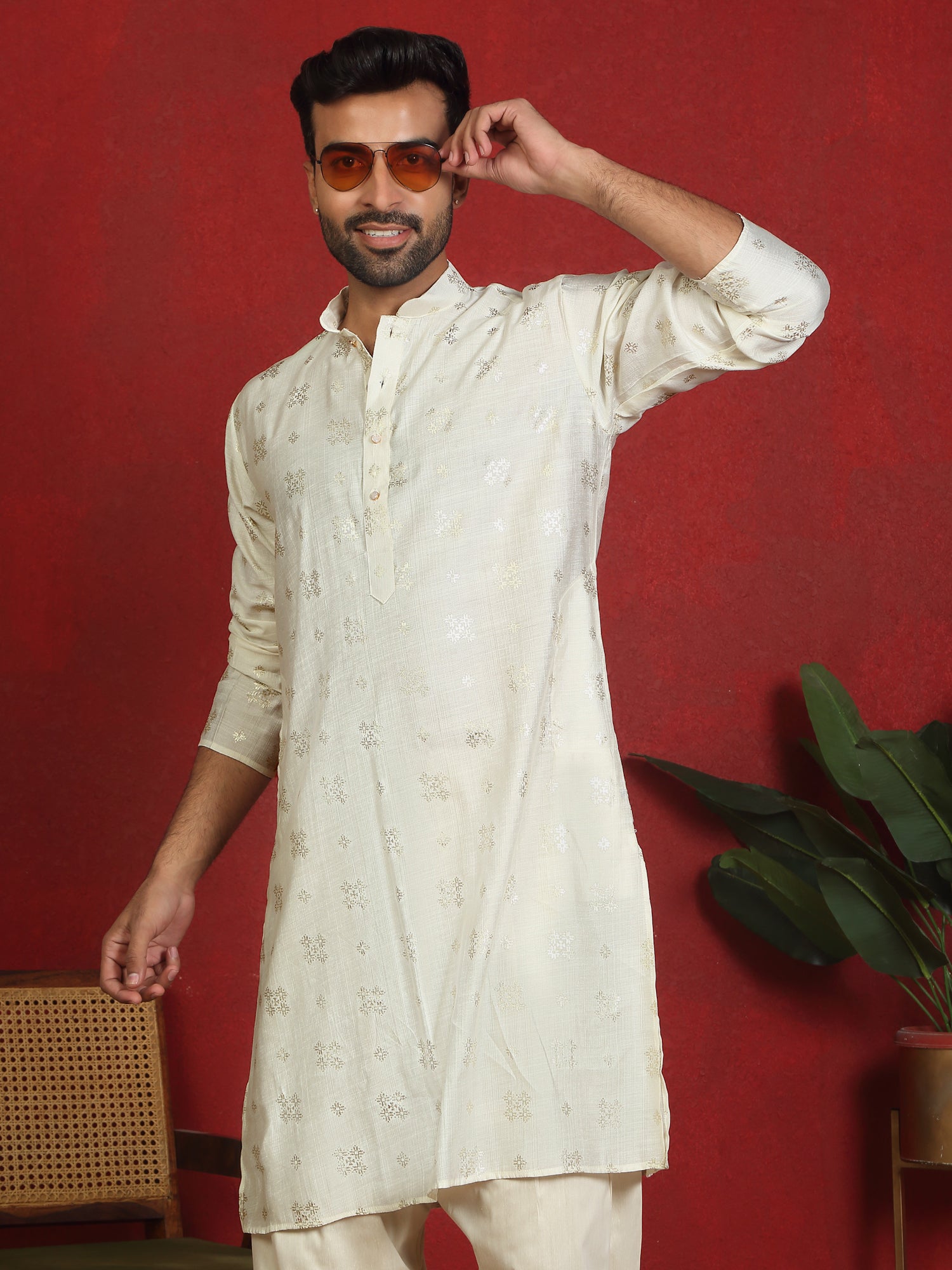 Men’s Cotton Silk Printed Mandarin Collar Kurta